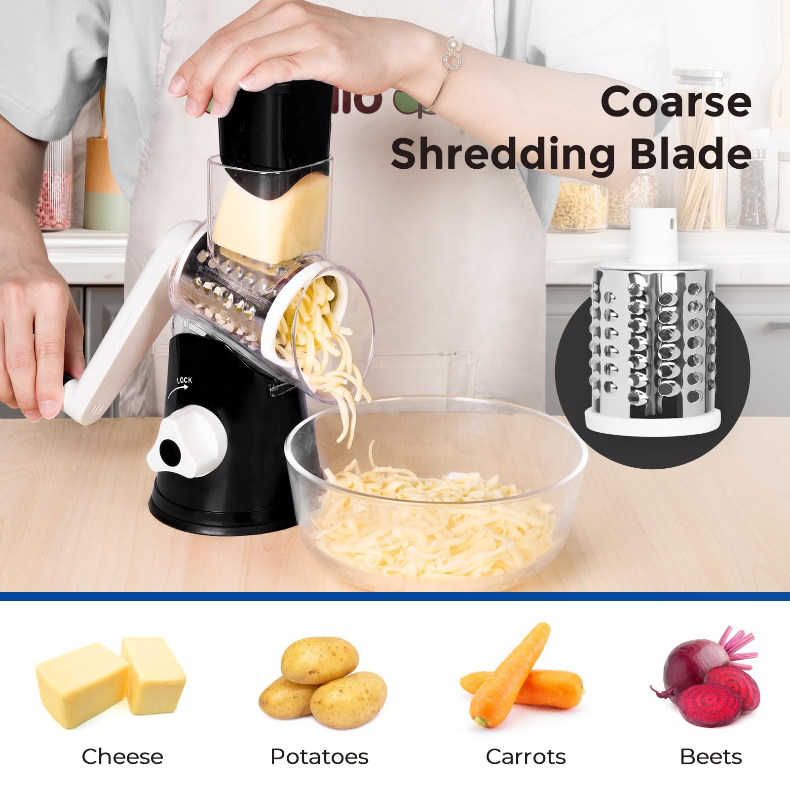 Premium Rotary Cheese Grater for Kitchen - 3 Interchangeable Blades Shredder with Ergonomic Handle & Strong Suction Base - Perfect for Cheese, Vegetables, Fruits, Nuts - Easy to Use & Clean - Ideal for Pizza Topping, Salad Prep & Baking (Black)