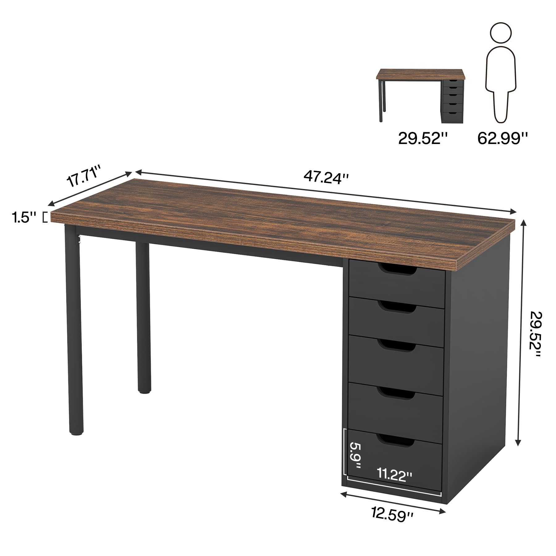 Tribesigns 47-inch Rustic Brown Computer Desk with 5 Drawers - Modern Home Office Desk with Storage, Space-Saving Laptop Study Writing Table for Small Spaces (Brown+Black) - Perfect for Home Office, Dorm Room & Small Apartments