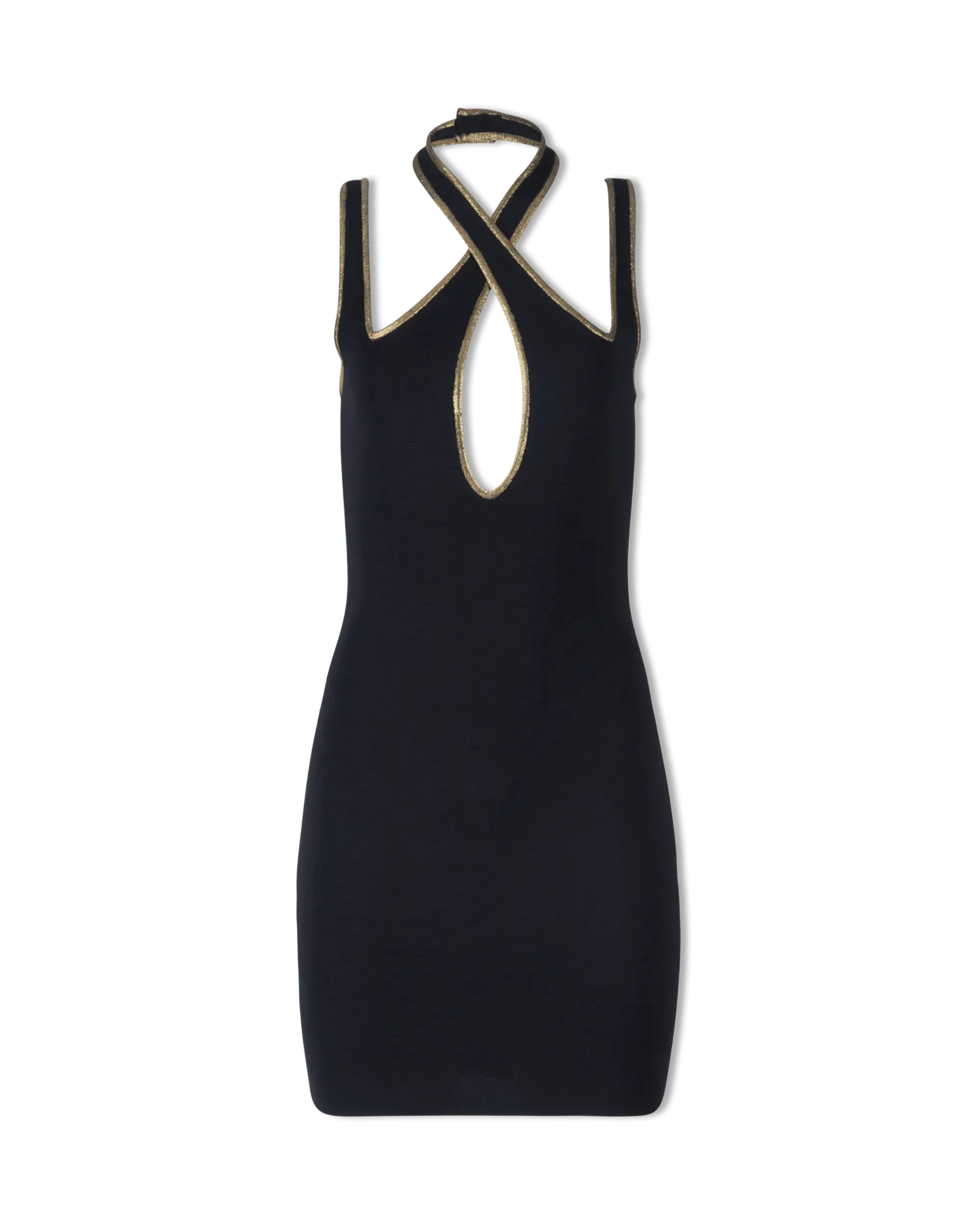 Elegant Gold Trim Halter Neck Knit Mini Dress for Women | Summer Party, Date Night & Beach Outfit