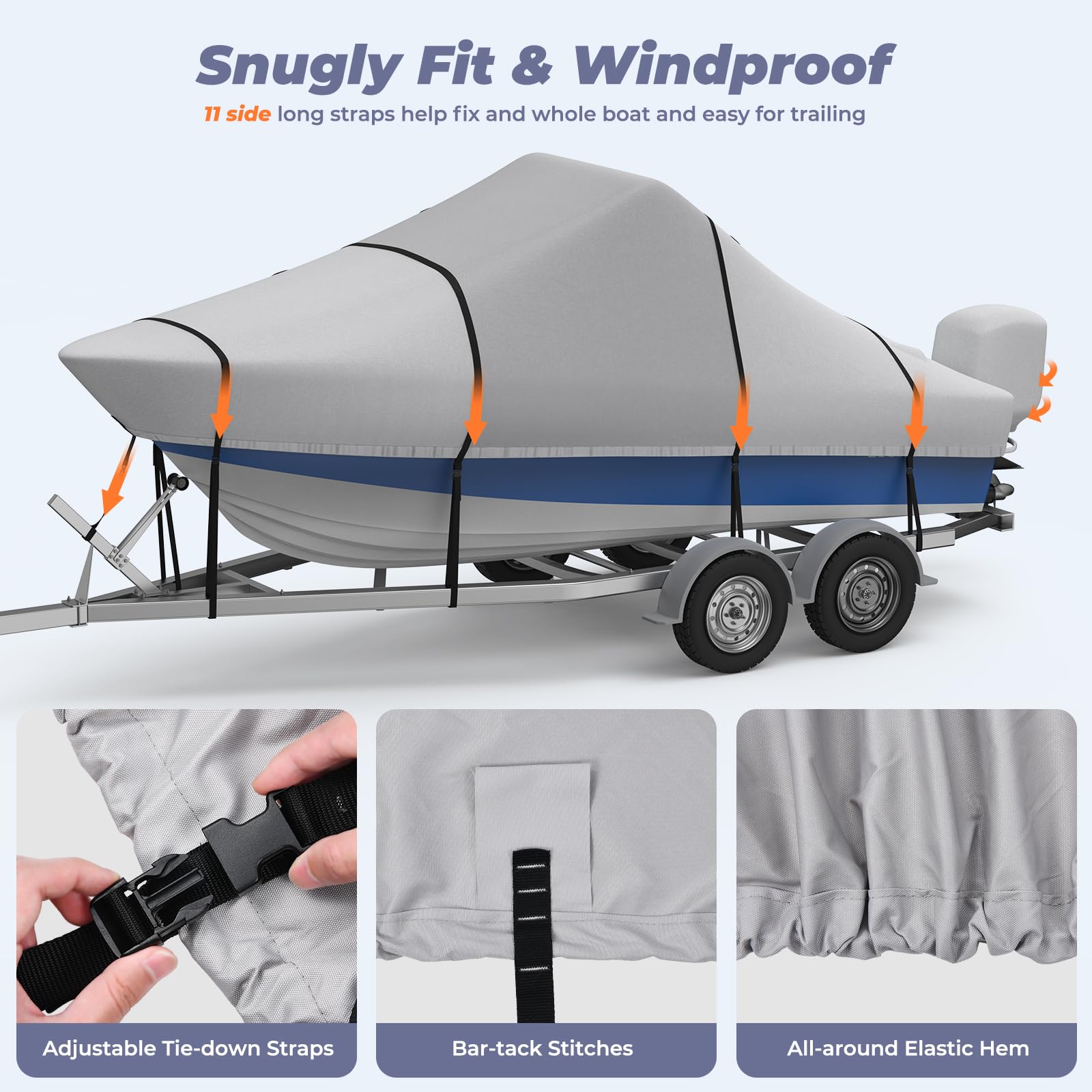 Heavy Duty 1200D Waterproof Center Console Boat Cover - Fits 20'-22' Length Boats with 106