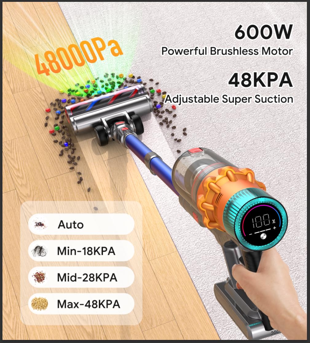8-in-1 Cordless Stick Vacuum Cleaner with 600W/48Kpa Powerful Suction - 65Min Runtime, Lightweight & Anti-Tangle - Ideal for Hard Floors, Carpets, Pet Hair & Car Cleaning - Self-Standing Rechargeable Home Vacuum for Easy Storage