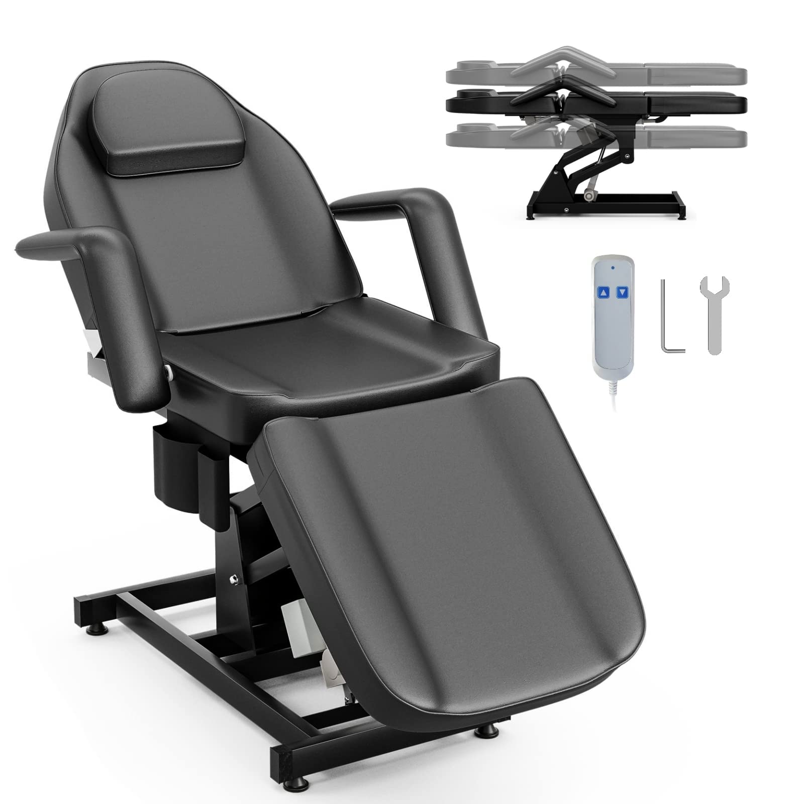 Electric Height Adjustable Tattoo Chair & Massage Table - 3-Section Folding Spa Bed with Storage Pocket for Tattoo Artists, Estheticians & Clients | Professional Black Salon Furniture for Tattoo Parlors, Beauty Clinics & Home Use