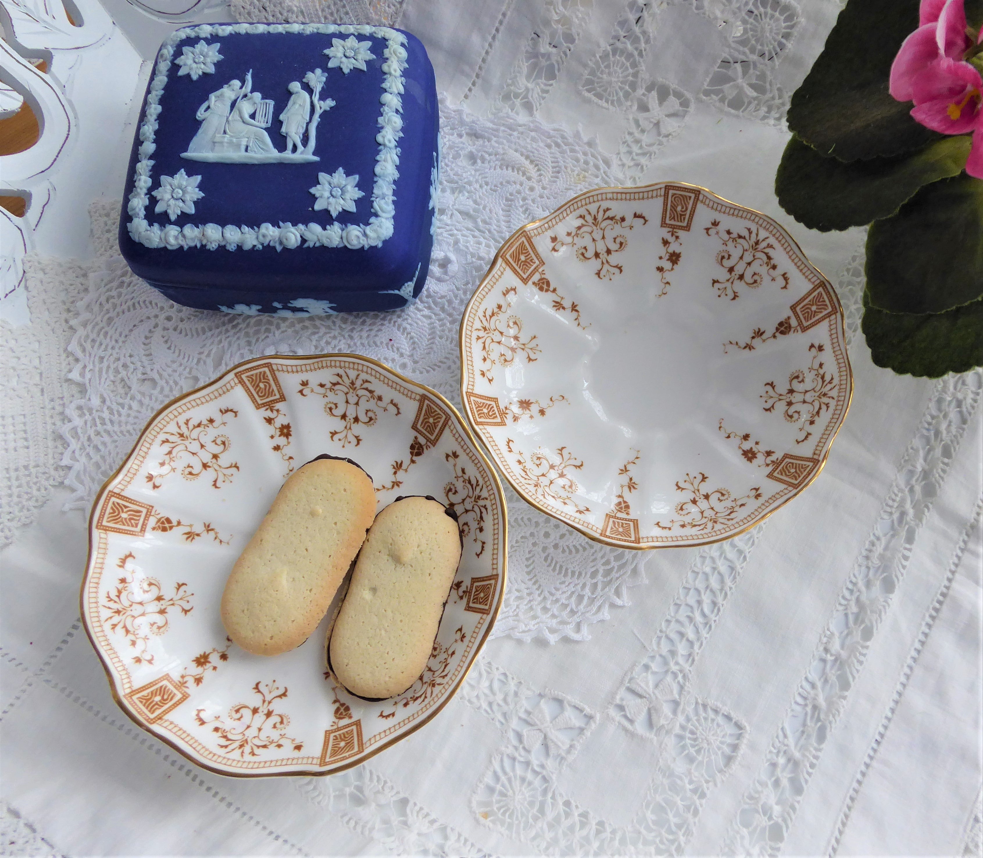 Antique Royal Crown Derby Saucers - Pair of Art Nouveau Gold Festoon Design from 1890s | Vintage Tea Set Collectibles for Afternoon Tea & Home Decor