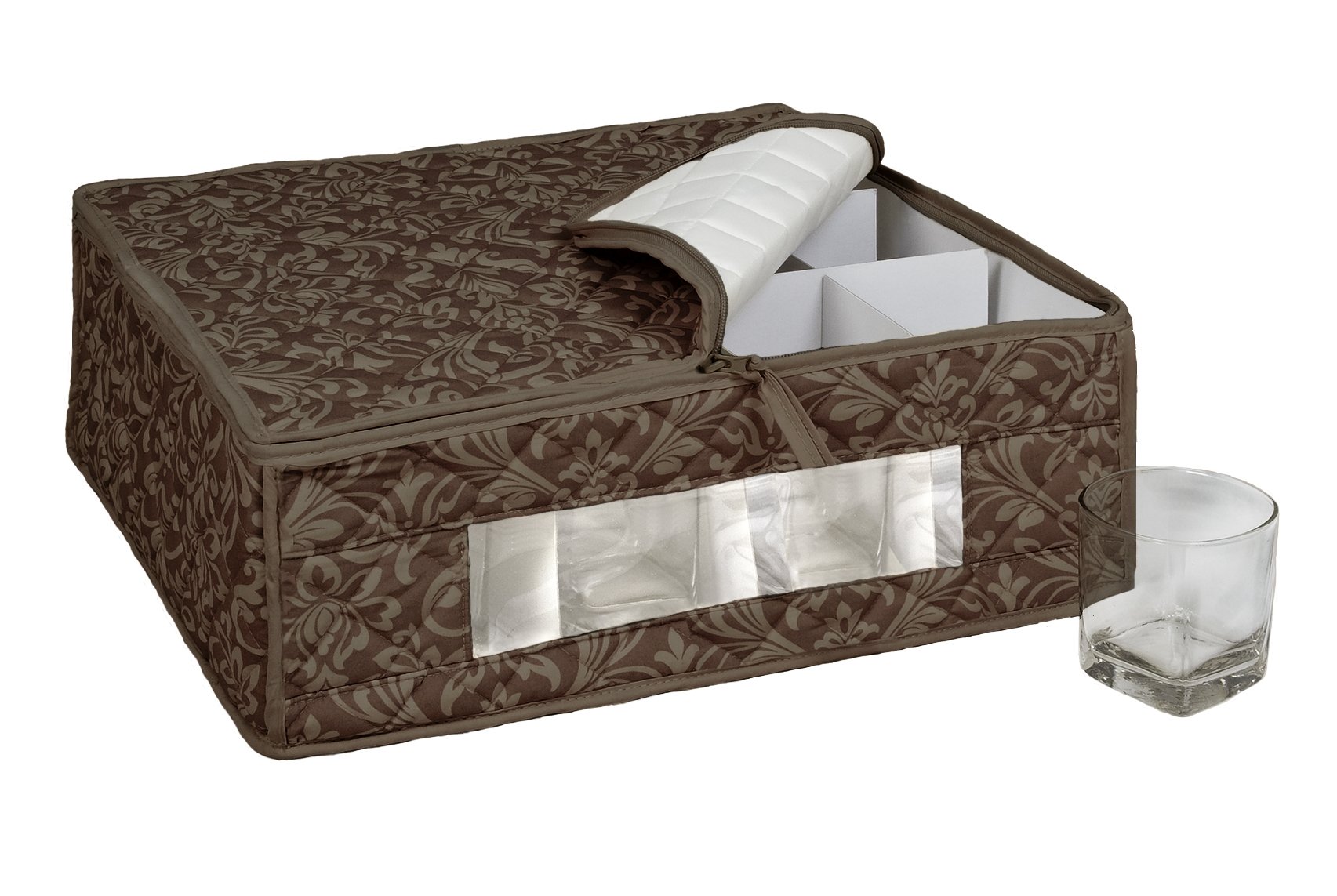 Hudson Damask Brown Glassware Storage Box - Holds 12 Cups & Rocks Glasses (15.5x13.75x5.5 Inches) - Perfect for Bar, Kitchen Organization & Party Serving