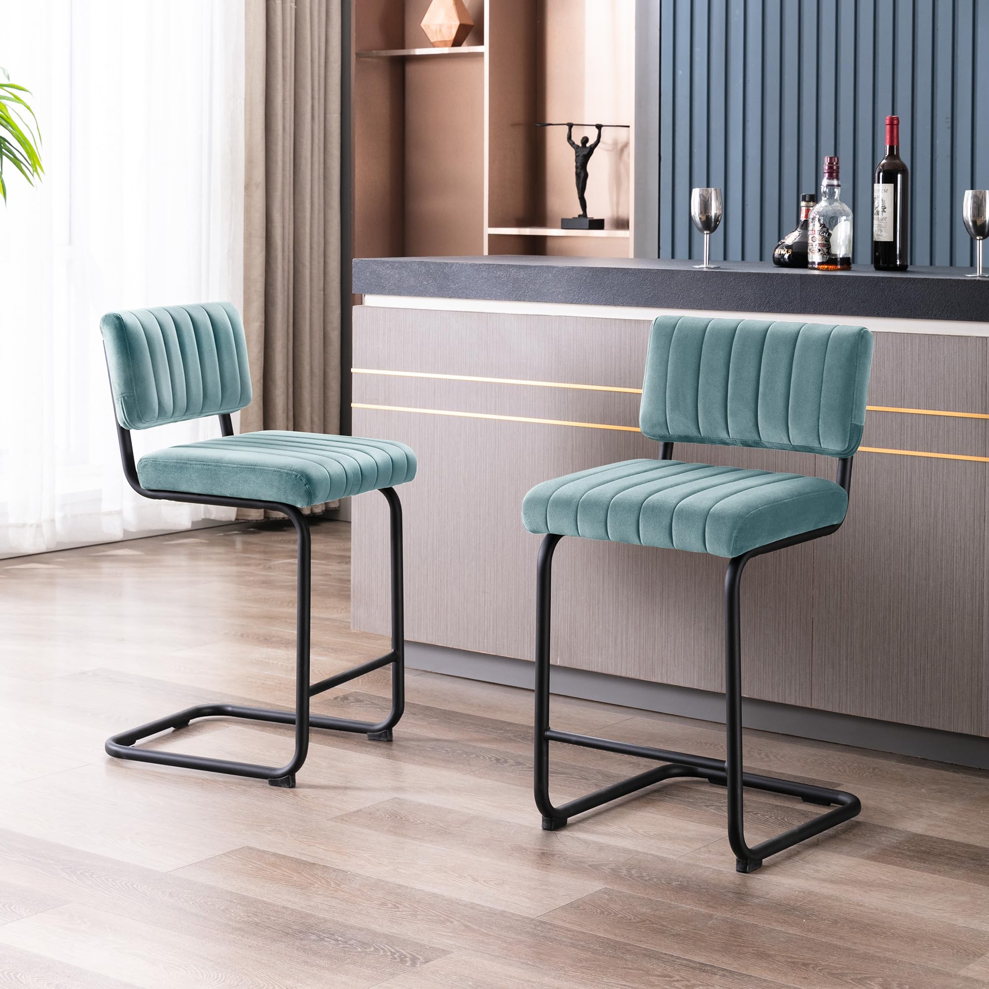 ONEVOG Modern 24-Inch Counter Height Bar Stools Set of 2 - Velvet Upholstered Backrest & Solid Metal Legs, Sturdy Kitchen Dining Chairs for Home, Cafe, Restaurant & Party Use (Blue)
