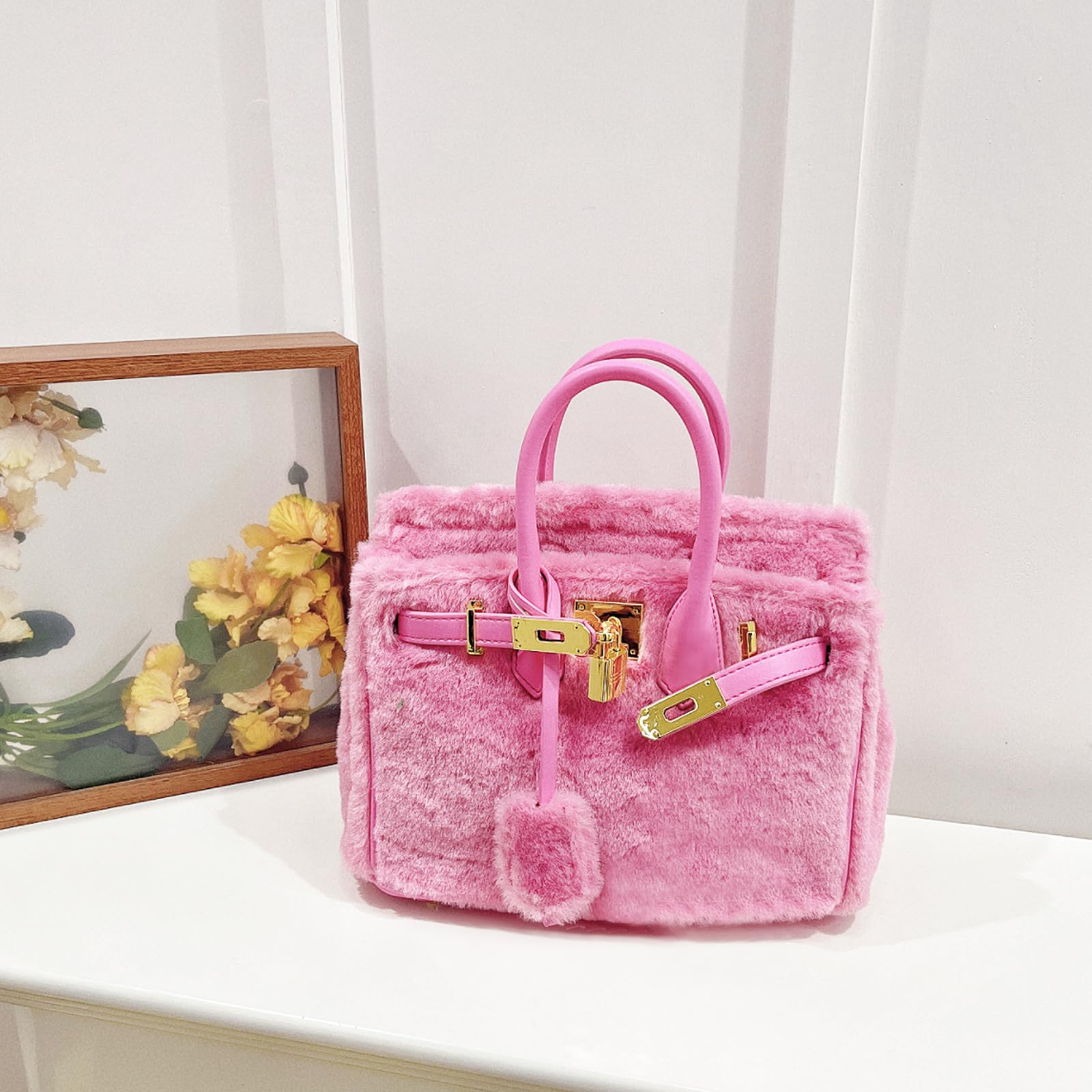 Women's Furry Pink Tote Bag - Large Capacity Crossbody Shoulder Bag with Lambswool Patchwork Leather - Perfect for Work, Travel & Daily Matching (12