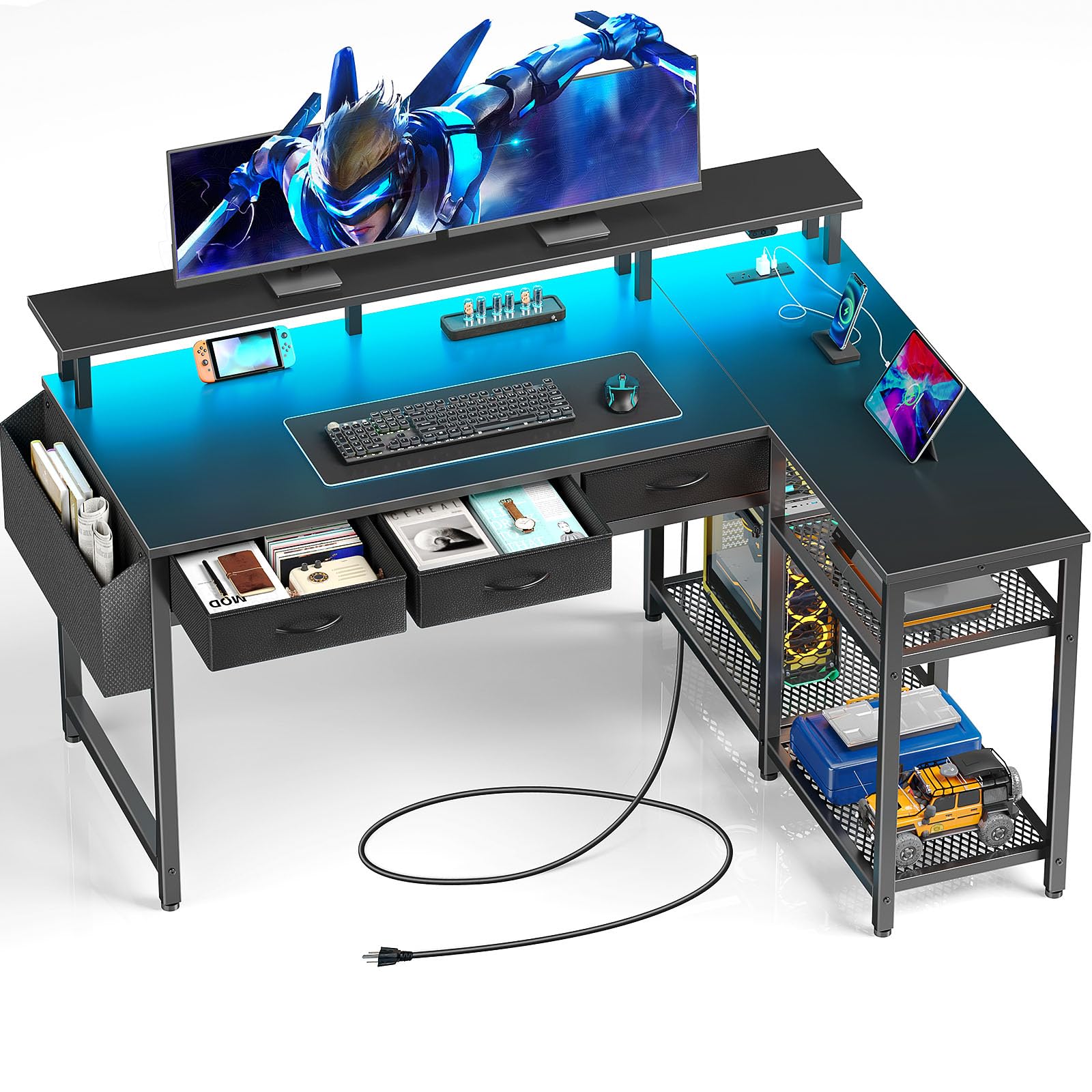 Seventable L-Shaped Computer Desk with Storage Drawers & Shelves - Home Office Corner Desk with Power Outlets, LED Lights & Monitor Stand - Space-Saving Black Workstation for Bedroom, Gaming & Small Office Setup