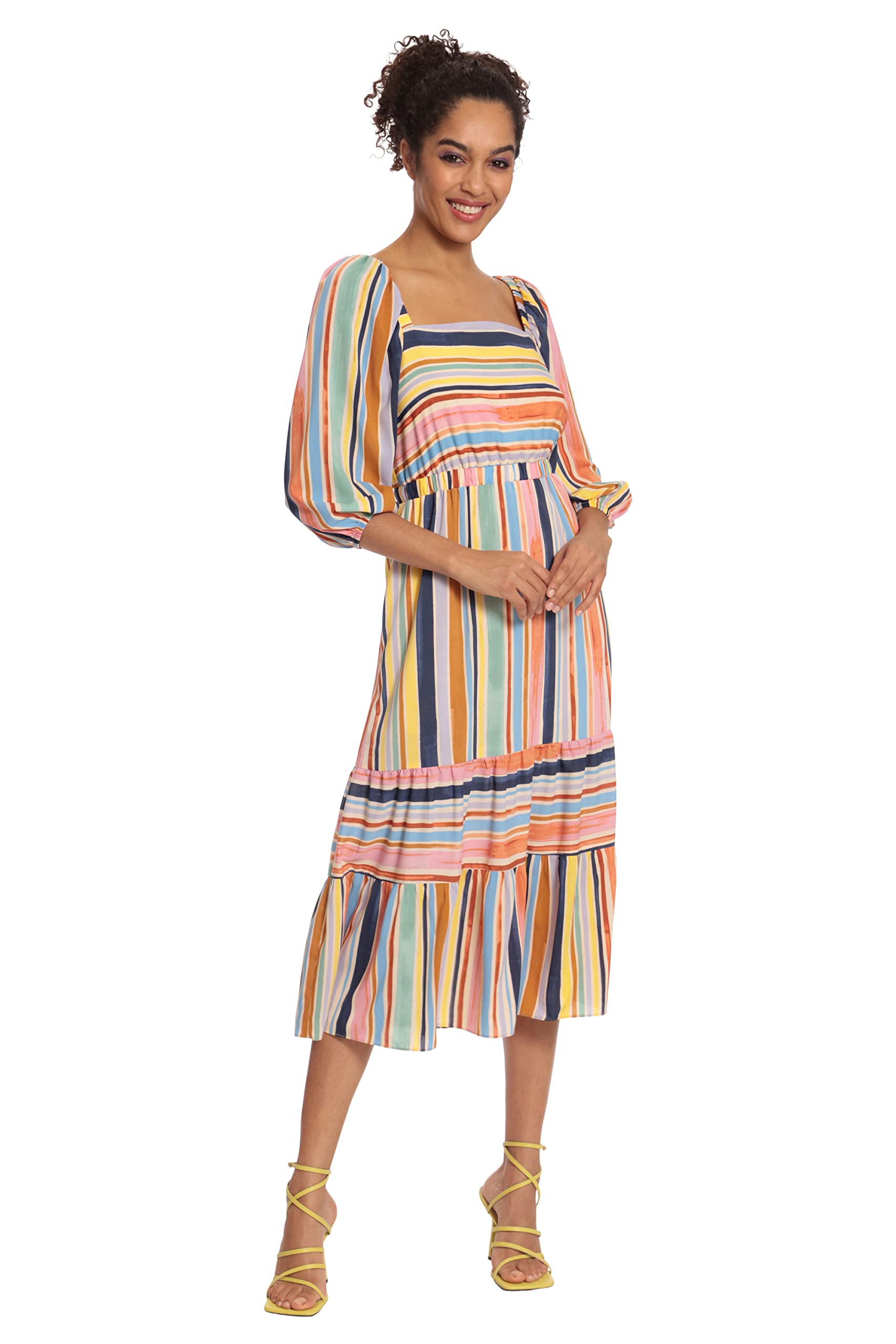 Donna Morgan Women's Square Neck 3/4 Puff Sleeve Tiered Midi Dress - Elegant Flowy Party Guest Dress for Weddings, Cocktail Events & Summer Occasions
