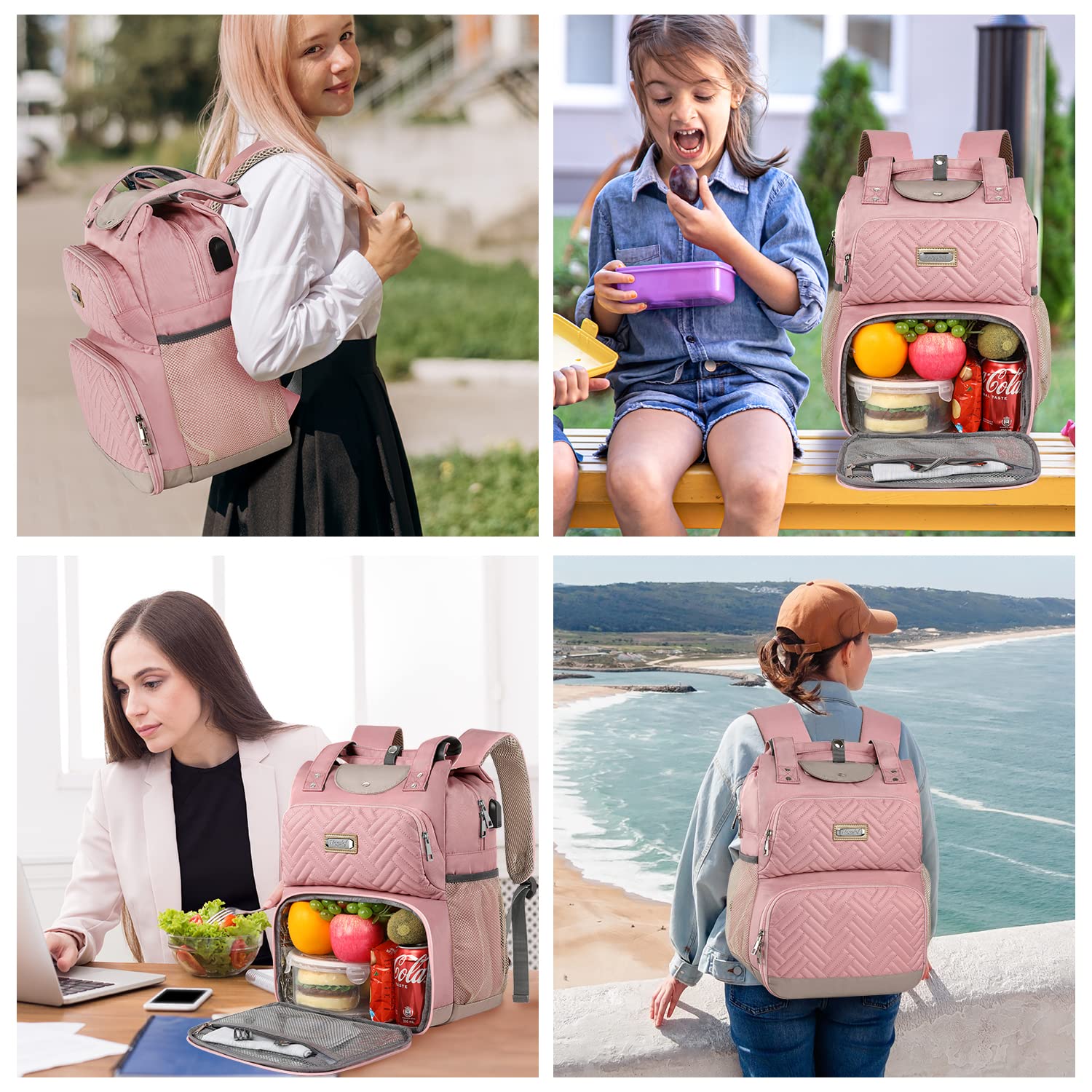 Insulated Cooler Backpack for Women - Waterproof Lunch Bag with RFID Pocket & USB Charging Port, Fits 15.6 Inch Laptop - Perfect for Nurses, College Students, Work Commute & Travel (Pink)