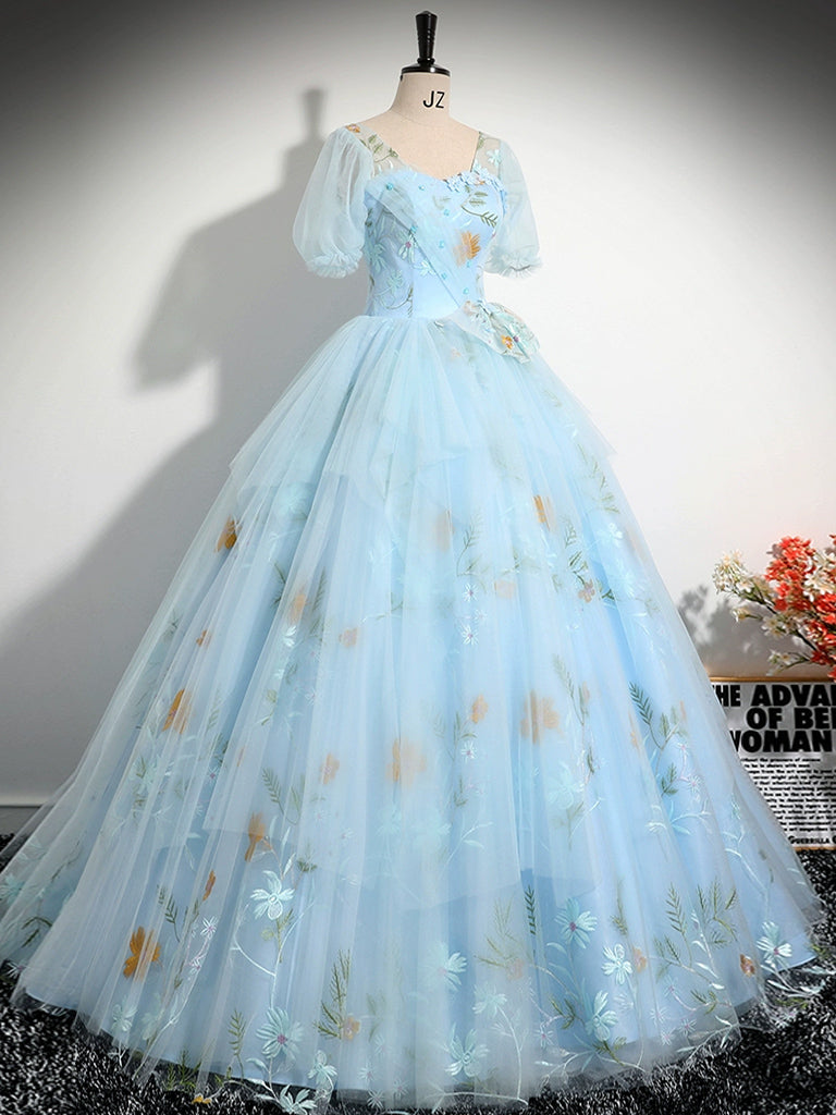 Elegant A-Line V-Neck Tulle Lace Blue Long Prom Dress - Formal Evening Gown for Homecoming, Wedding, Ball - Perfect for Special Occasions & Parties