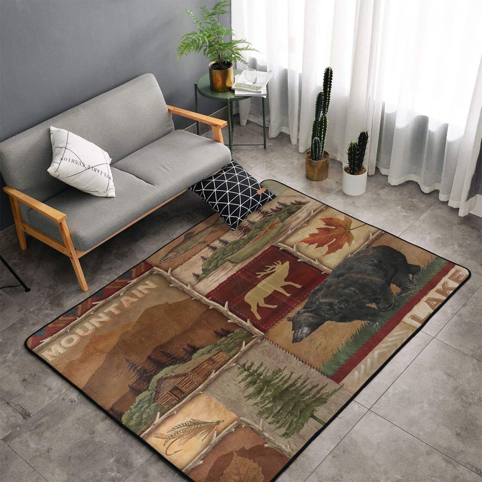 Lodge Bear Moose Deer Area Rug - Rustic Cabin Wildlife Soft Washable Carpet for Nursery, Bedroom & Living Room - 6.6' x 5.3' - Perfect for Kids Room Decor, Cabin Themed Home & Wildlife Lovers