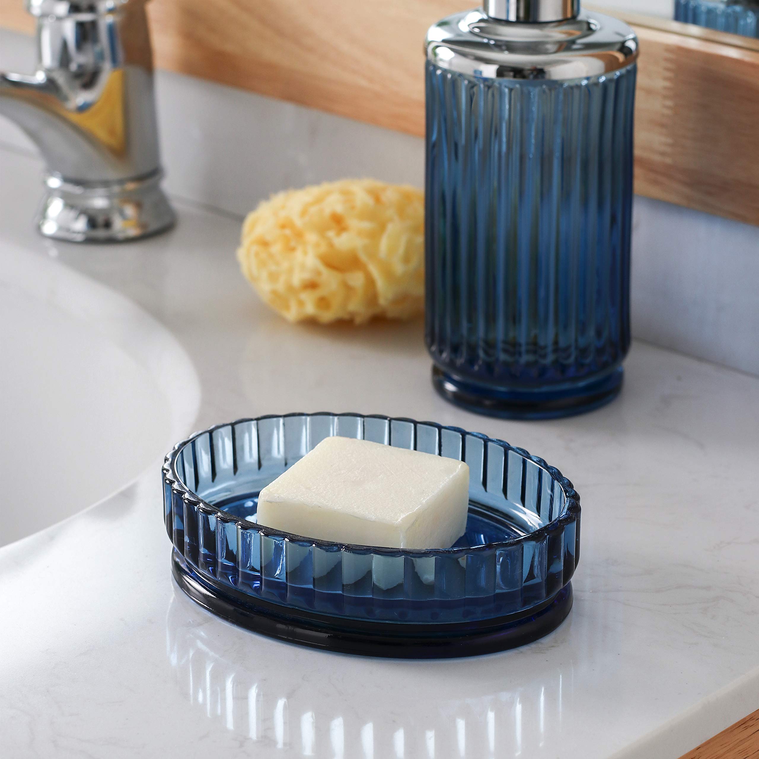 4-Piece Heavyweight Blue Glass Bathroom Accessories Set with Decorative Pressed Pattern - Includes Soap Dispenser, Toothbrush Holder, Soap Dish & Tumbler in Cobalt Blue | Modern Bathroom Decor for Home, Hotel & Spa Use