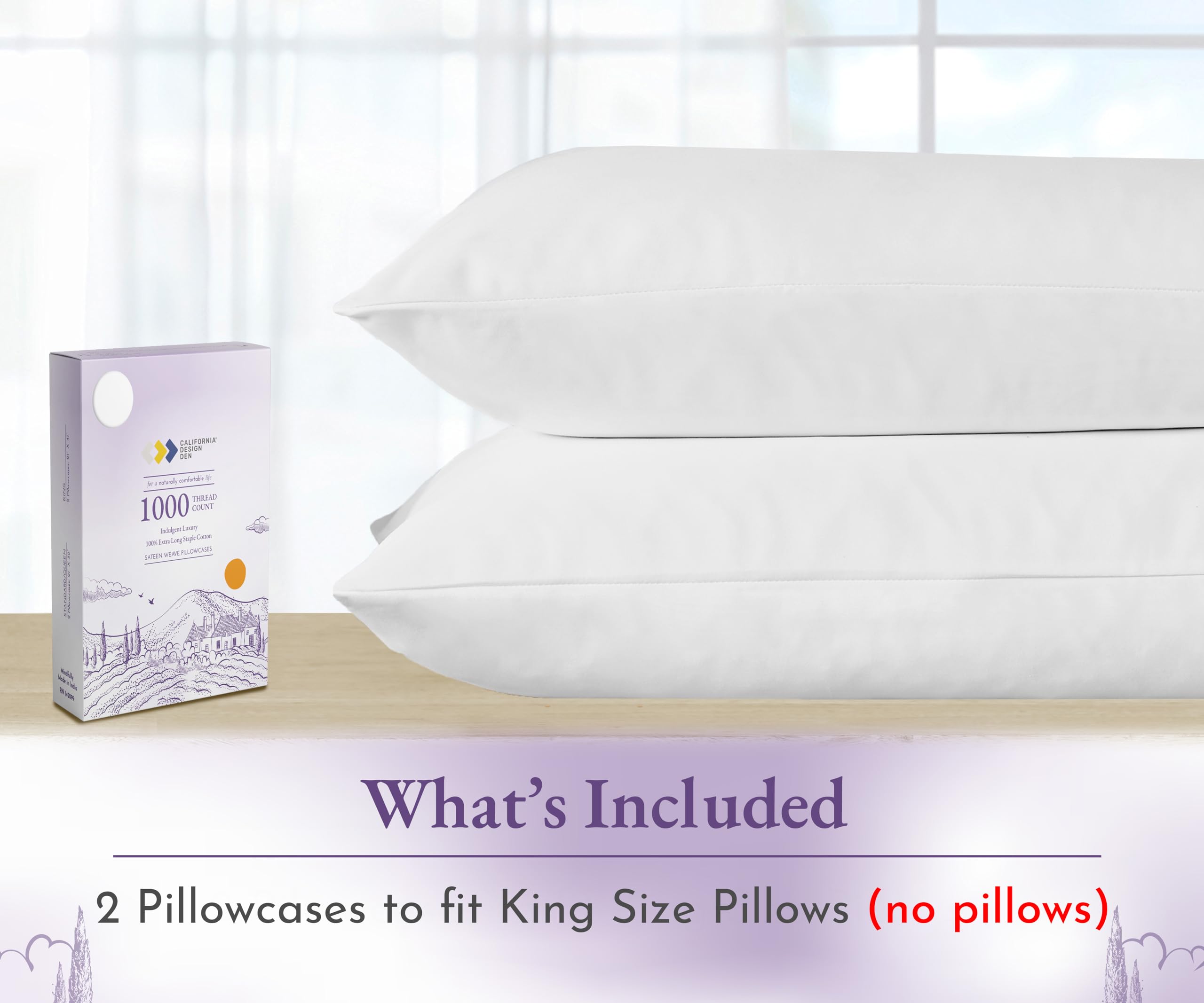 California Design Den 100% Cotton Sateen Weave 1000 Thread Count King Pillowcases Set of 2 - Ultra Soft, Hotel Quality Bedding for Luxurious Comfort - Perfect for Master Bedrooms, Guest Rooms & Spa Retreats