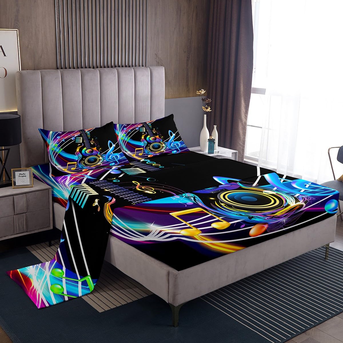 Rainbow Stripes Music Bed Sheets Queen Size - Colorful Golden Speaker & Musical Notes Design, Premium Brushed Microfiber Luxury Bedding Set Includes Flat Sheet, Fitted Sheet & 2 Pillowcases - Perfect for Music Lovers' Bedrooms, Dorm Rooms & Themed Decor