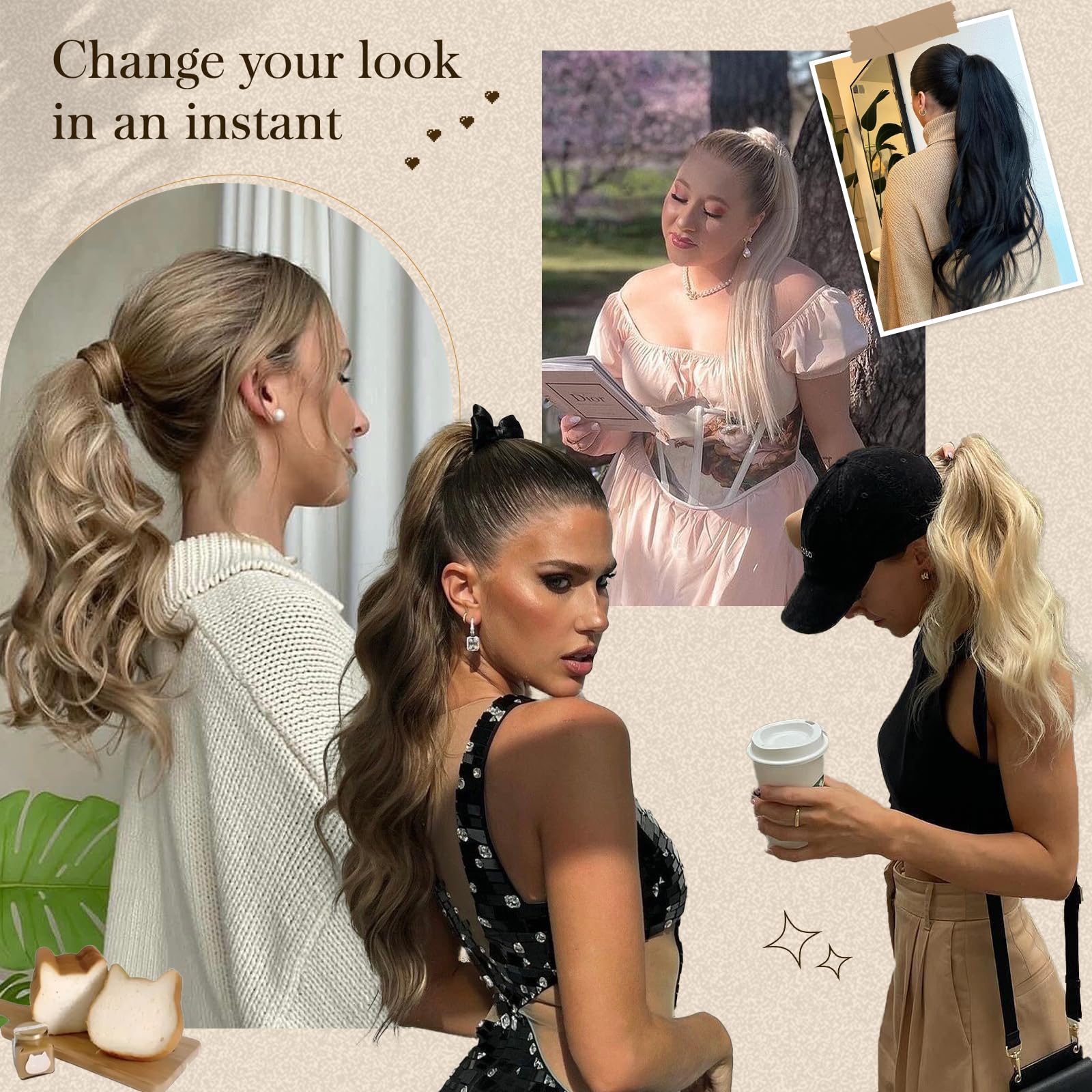 16 Inch Human Hair Clip-in Ponytail Extension - Balayage Golden Brown with Bleach Blonde Highlights (P10/613) | Natural Wrap Around Ponytail Hairpiece for Women | Perfect for Parties, Weddings & Everyday Styling