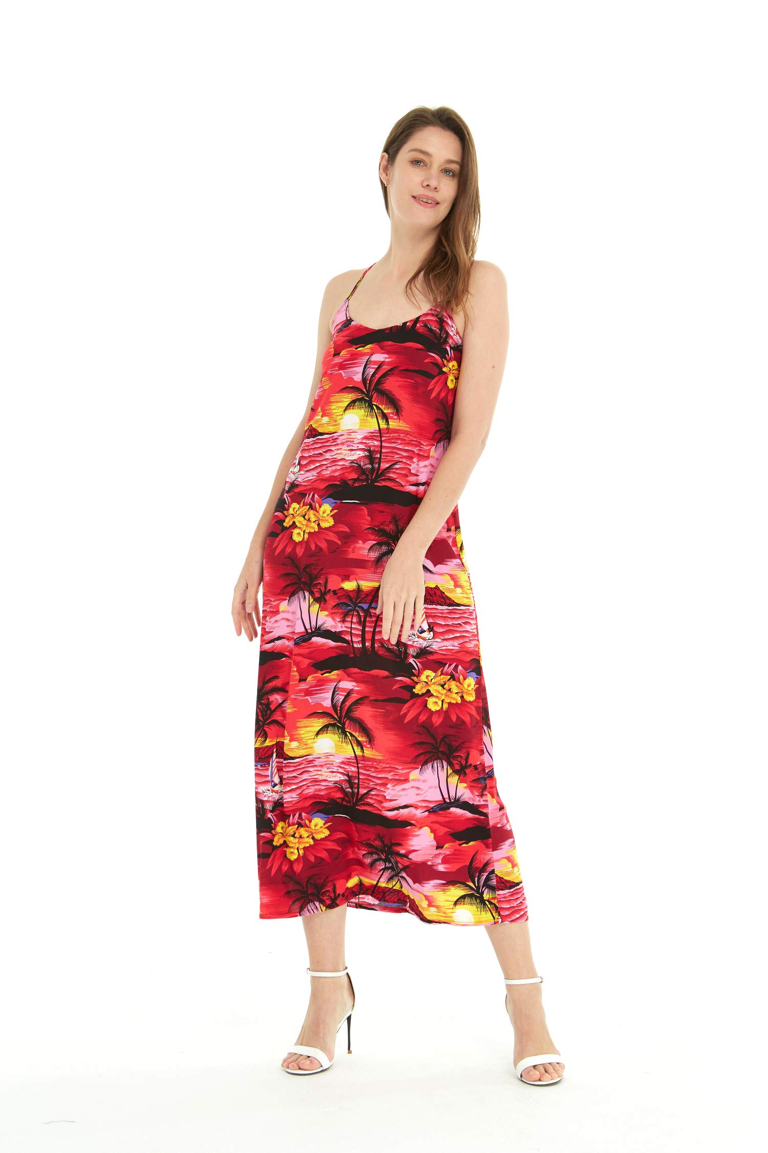 Women's Hawaiian Luau Sunset Blue Maxi Sweetheart Dress - Floral Print Beach Party Dress for Summer Vacation, Tropical Getaway & Boho Festival Outfit