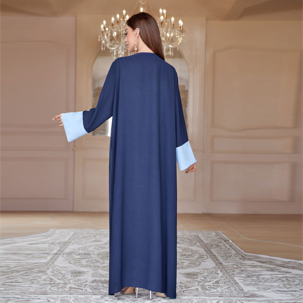 Solid Color Patchwork Sleeve Blue Robe - Women's Cozy Loungewear for Home Relaxation & Spa Days