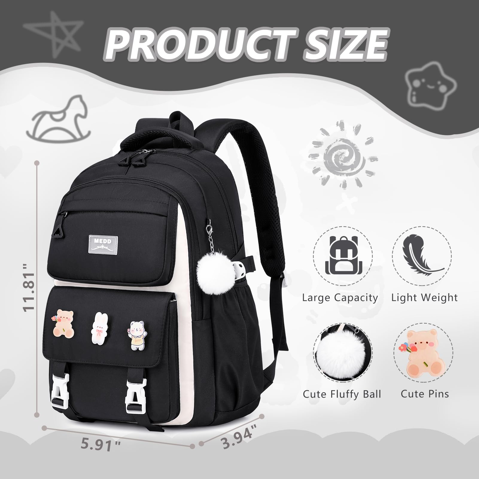 GeeWin Waterproof Stylish Backpack for Girls - School Bookbag for Teens, Kids & Women - Durable Travel Backpack with Pencil Case - Perfect for Elementary, Middle School & College Students (Black) - Ideal for Daily School Use, Weekend Trips & Outdoor Adventures