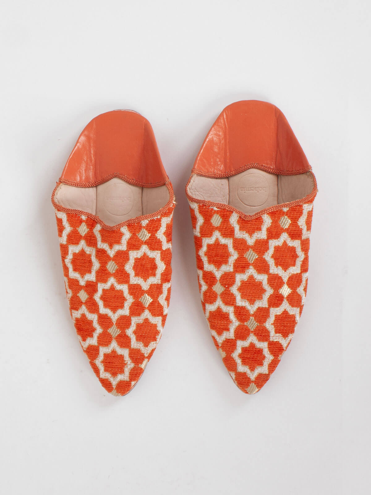 Handmade Moroccan Star Brocade Pointed Toe Babouche Slippers - Orange Leather House Shoes for Women | Perfect for Home, Lounge & Cultural Events