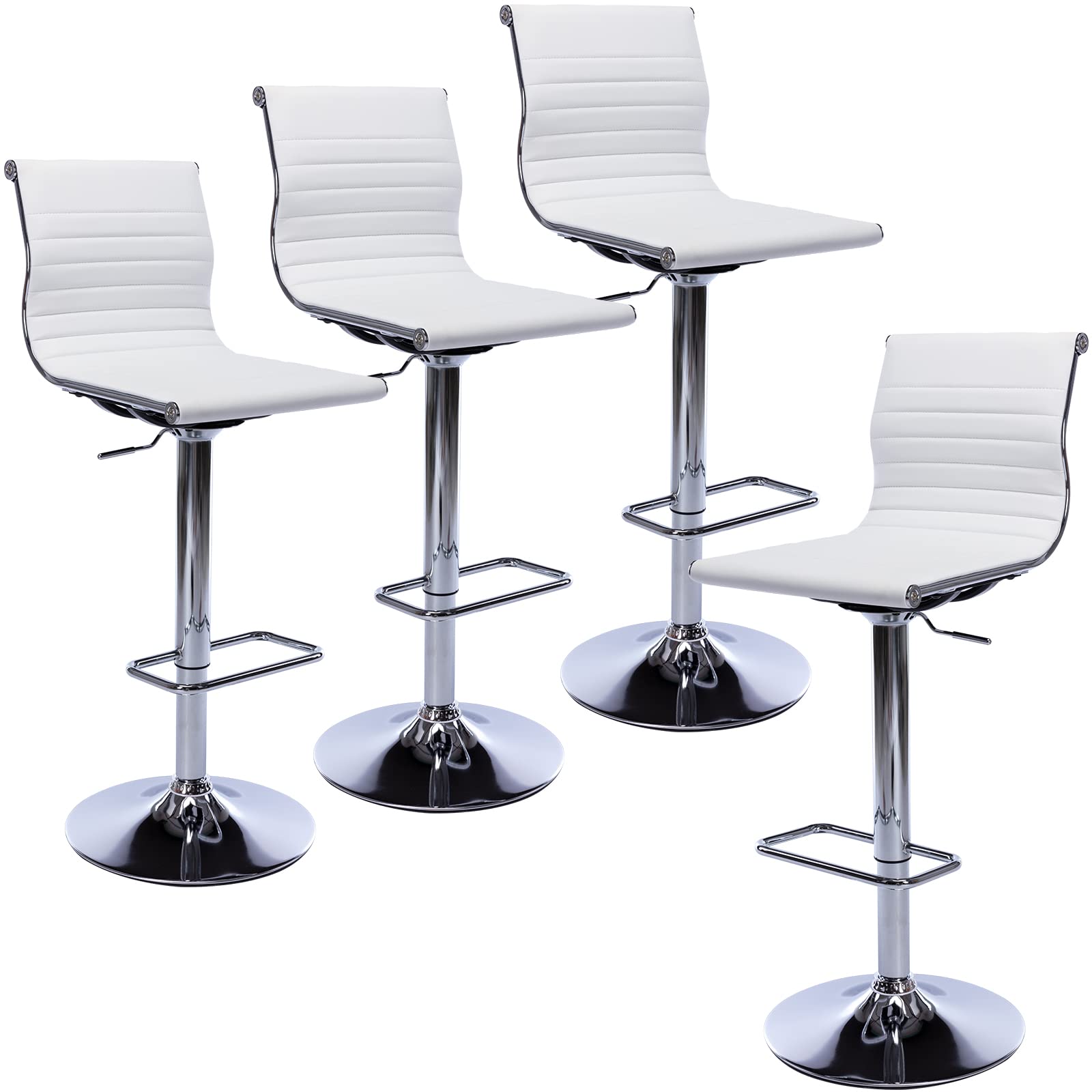 Modern White PU Leather Metal Bar Stools Set of 4 - Height Adjustable Armless Counter Stools with Chrome Base for Kitchen Island, Bar & Dining Room - Perfect for Home, Restaurant & Cafe Use