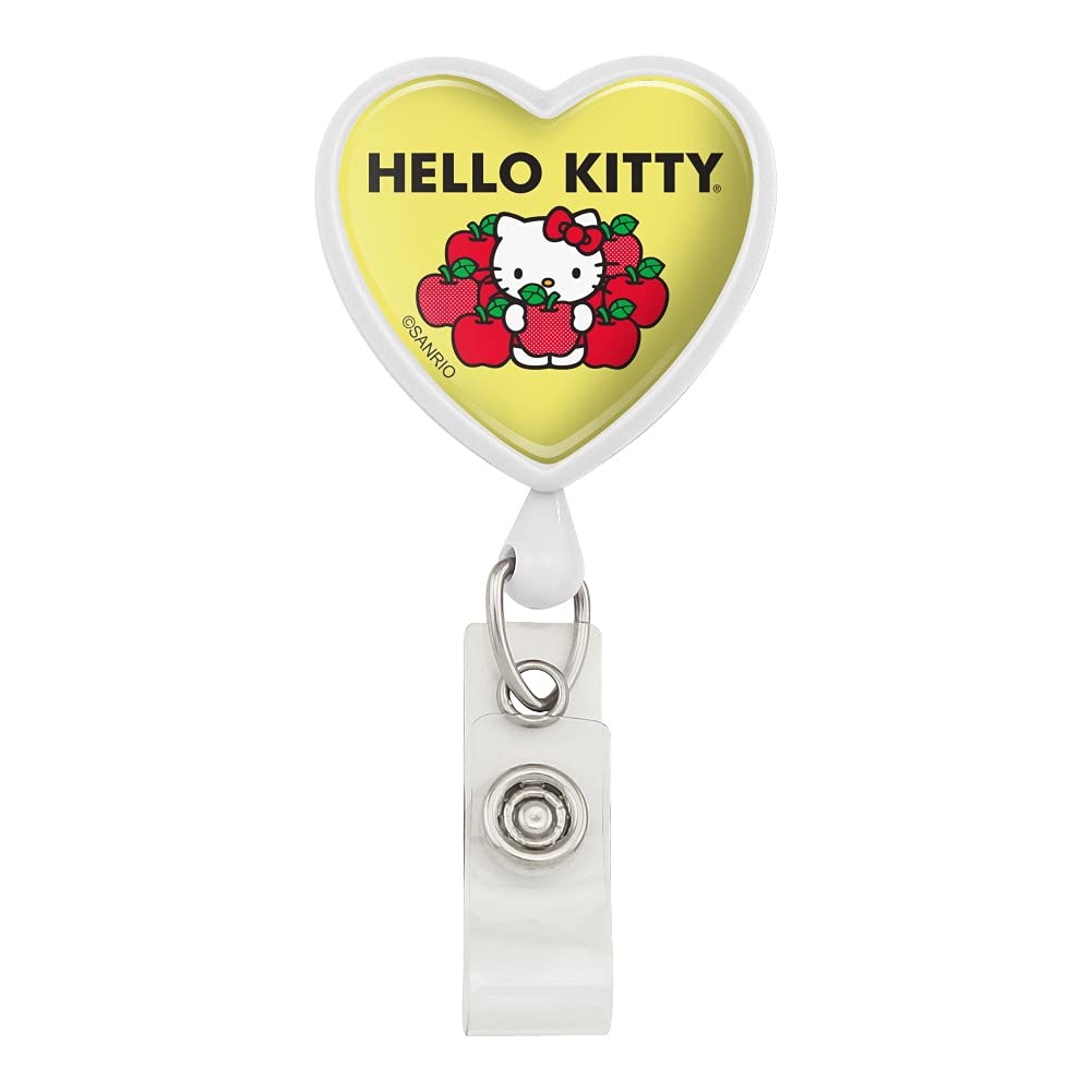 Hello Kitty Apple Pile Heart Lanyard - Retractable Reel Badge Holder with ID Card Clip for Work, School, and Events | Cute Kawaii Accessories for Teachers, Nurses, and Office Professionals