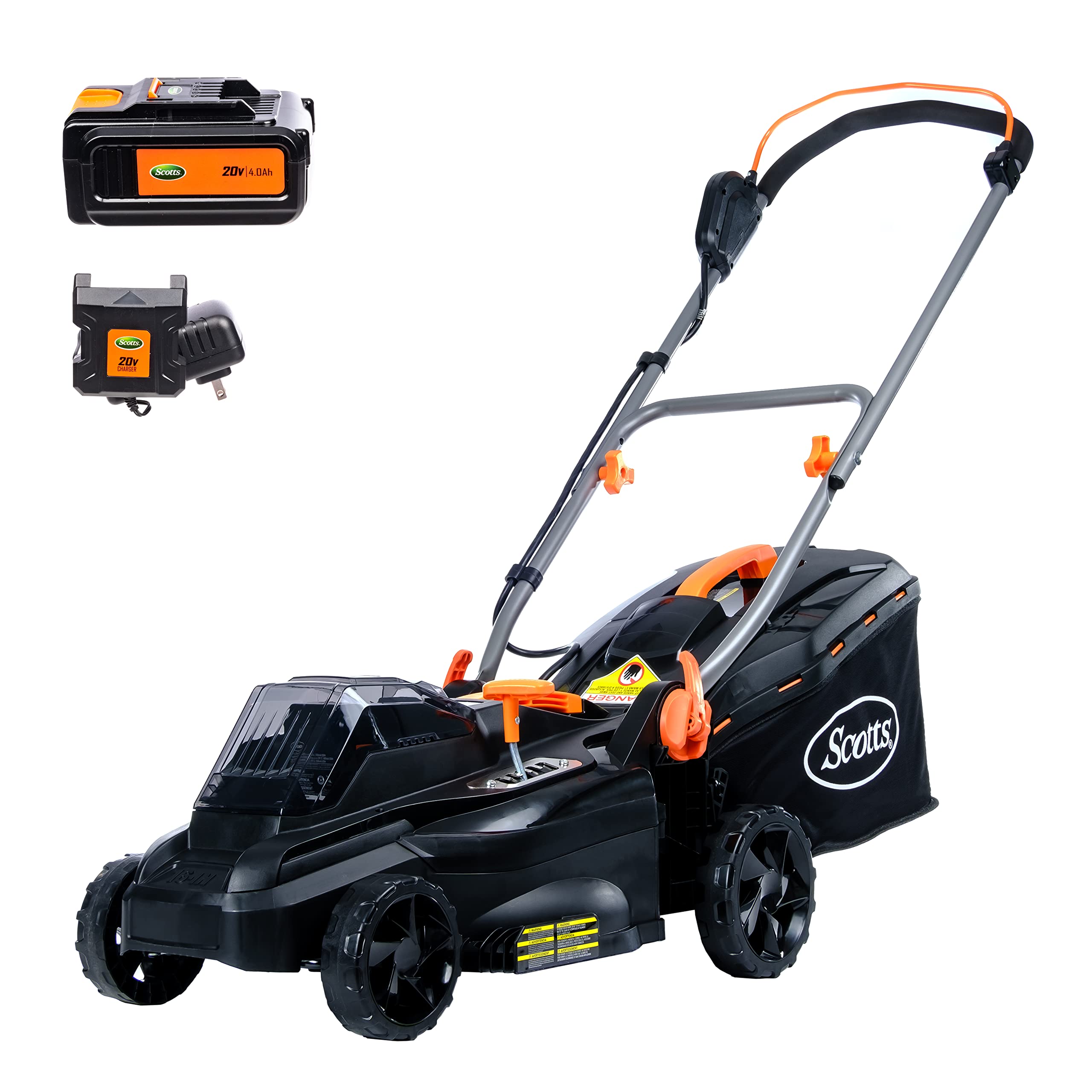 Scotts 20V 16-Inch Cordless Lawn Mower with 5.0Ah Battery & Fast Charger - Lightweight Electric Push Mower for Small to Medium Yards (Black/Orange) | Perfect for Residential Lawns, Backyards & Landscaping