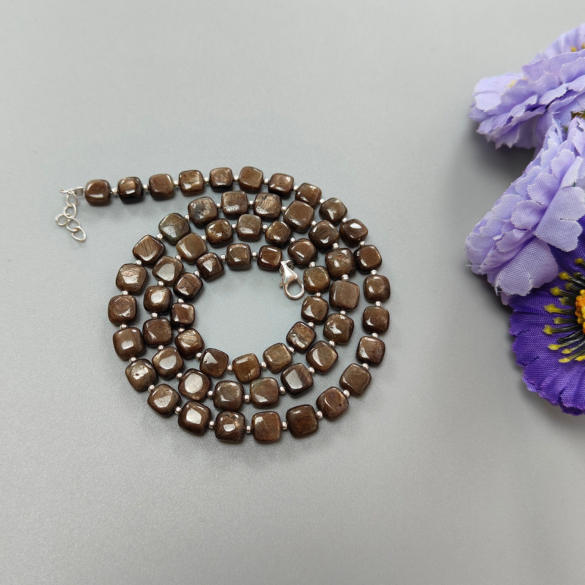 Golden Brown Chocolate Sapphire Gemstone Beads Necklace - 27.30g Natural Plain Cushion Briolette Sapphire 925 Sterling Silver 6mm 7mm 20