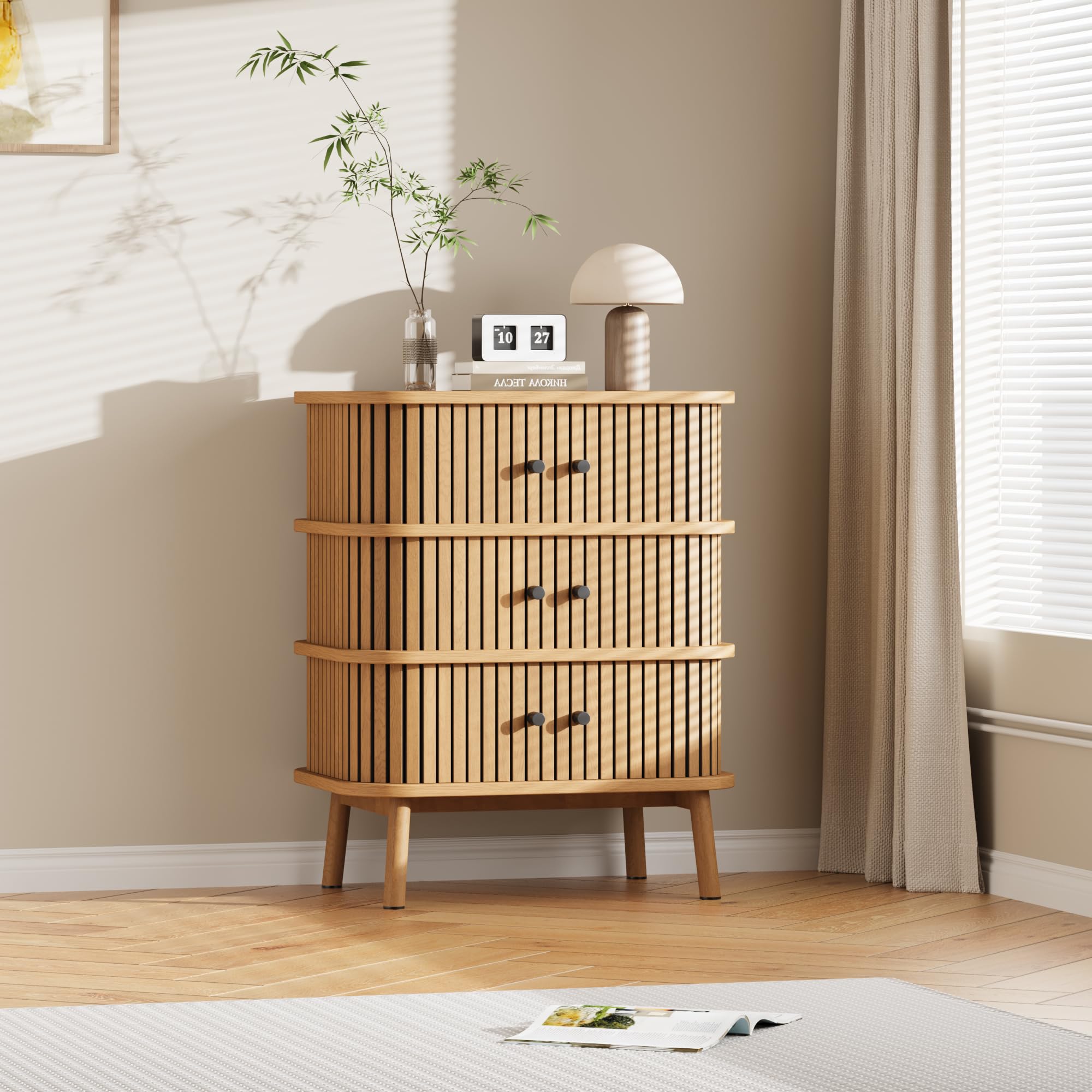 GARVEE 3 Drawer Dresser - Mid Century Modern Nightstand with Sliding Door Storage, Bedroom Side Table & Chest of Drawers for Living Room, Hallway & Entryway - Natural Wood Finish - Perfect for Small Space Organization & Stylish Home Decor