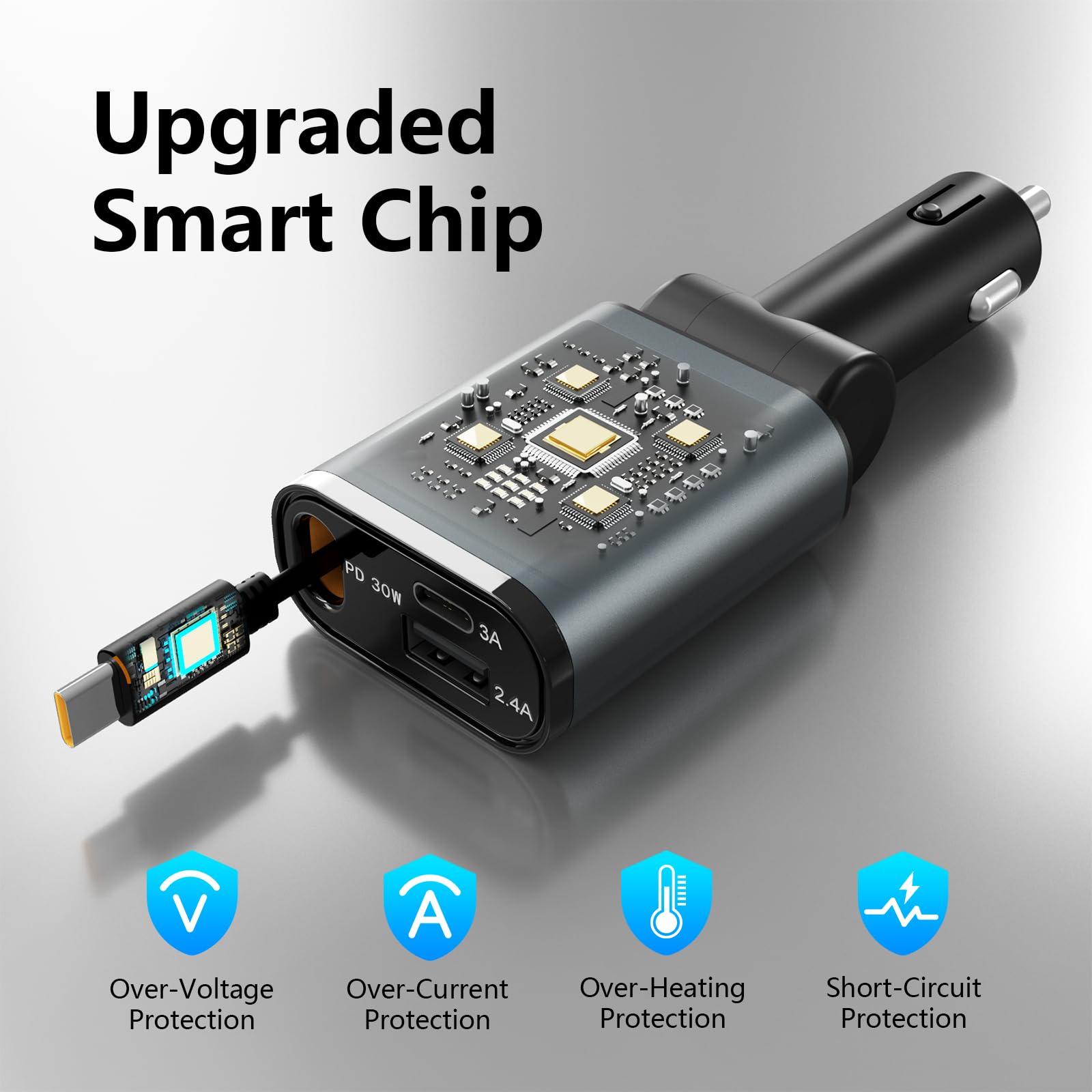 Rocketek 30W PD USB C Car Charger with Retractable Cable - 3-in-1 Fast Charging for iPhone 16/15/14, MacBook Pro/Air, iPad, Galaxy, AirPods - Perfect for Road Trips & Daily Commutes