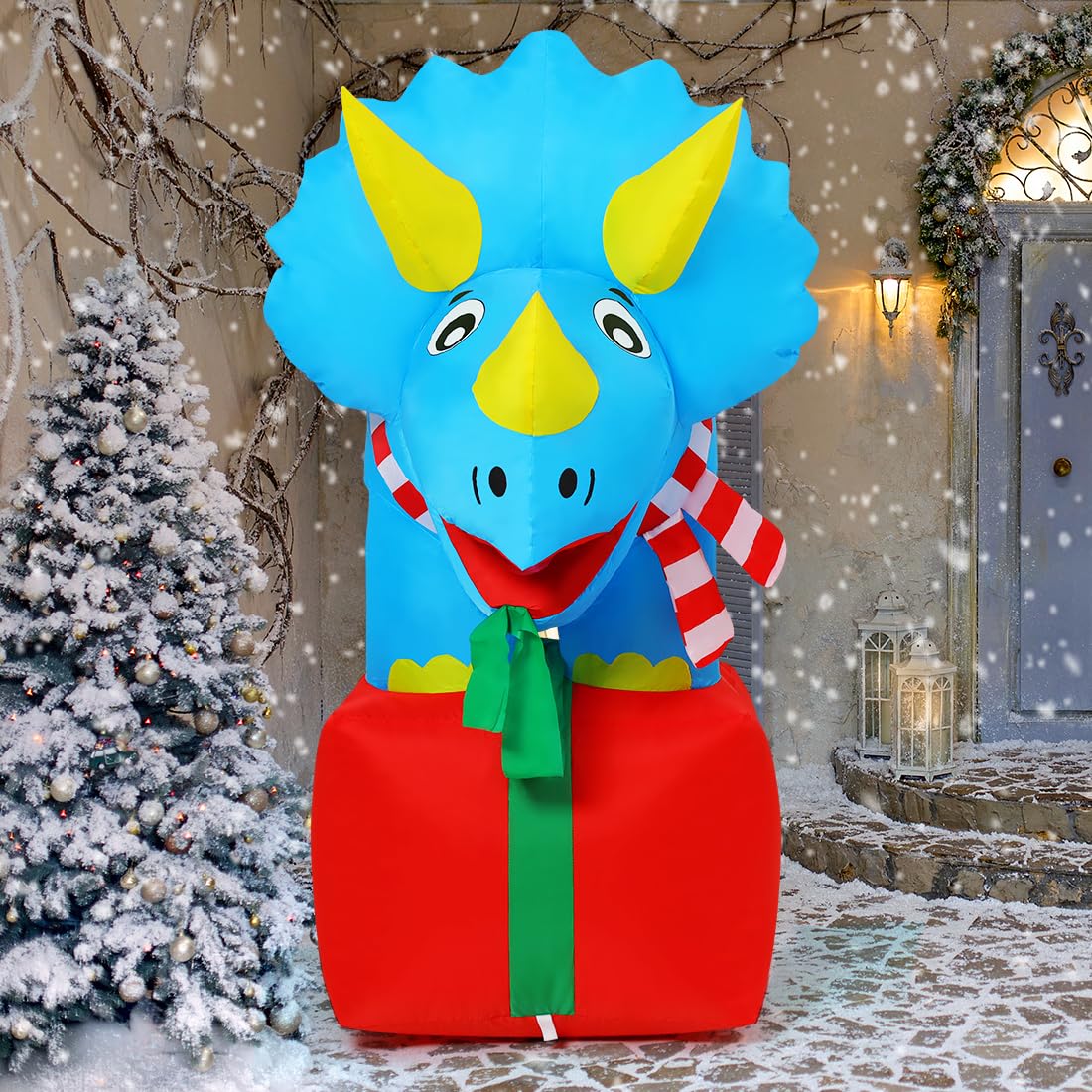 COMIN 5 FT Inflatable Dinosaur Christmas Decor with Built-in LED Lights - Outdoor/Indoor Holiday Yard Lawn Garden Decoration for Xmas Party, Home Decor & Festive Celebrations