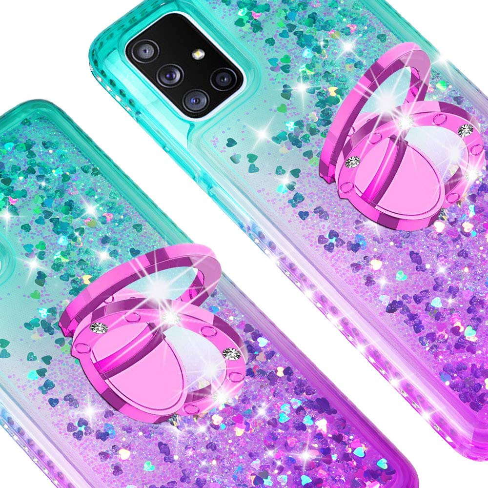 SOGA Rhinestone Liquid Quicksand Phone Case for Samsung Galaxy M51 - Sparkly Purple & Teal Glitter Cover with Embedded Ring for Magnetic Car Mount & Lanyard - Perfect for Girls, Teens & Women | Fashion Accessory for Everyday Use, Work & Parties