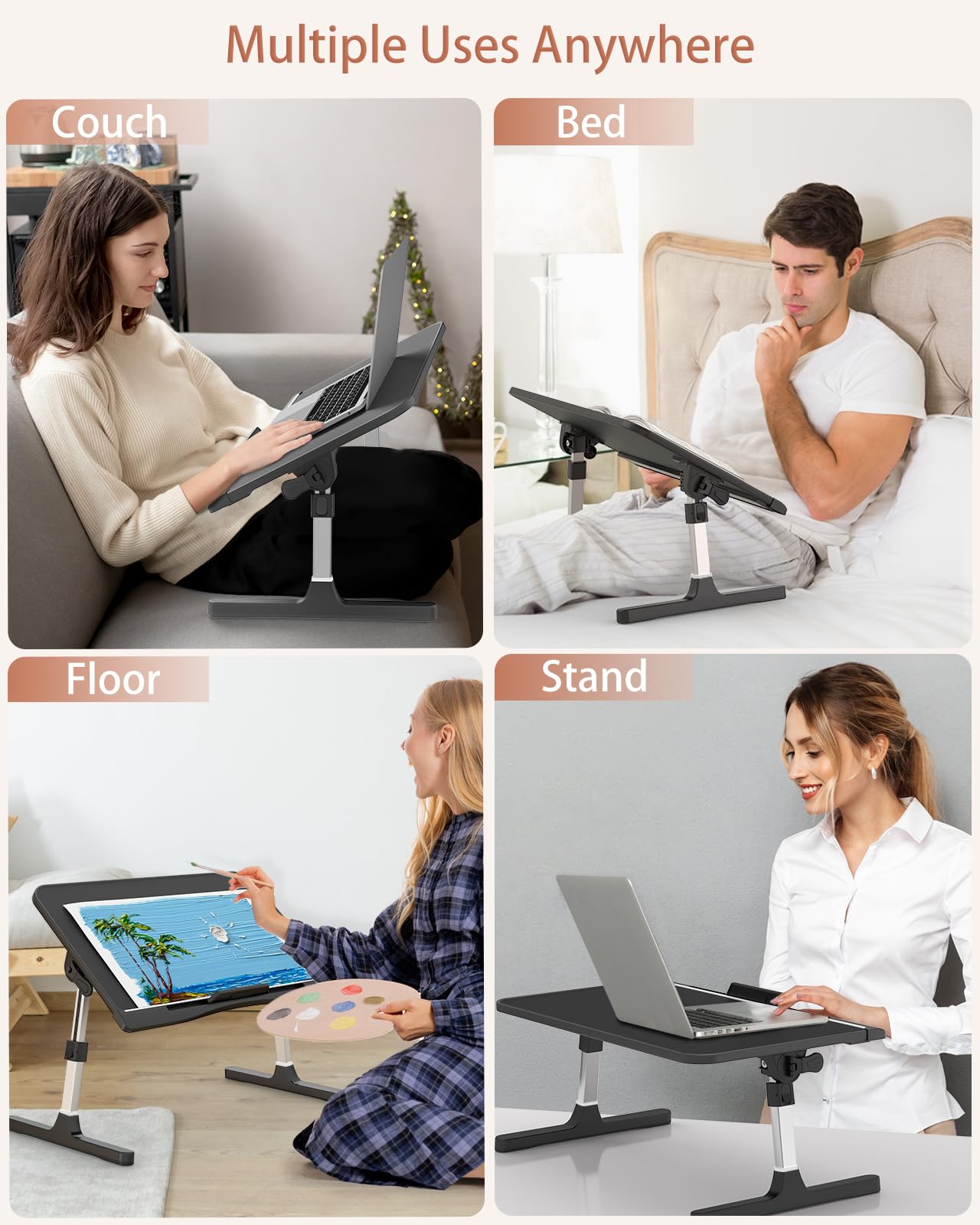 Adjustable Laptop Bed Desk - Foldable Leather Bed Table Tray with Removable Stopper - Portable Laptop Stand for Working, Writing, Drawing & Eating on Couch, Floor or Bed - Perfect for Home Office, Dorm Room & Travel (Black, 21.65