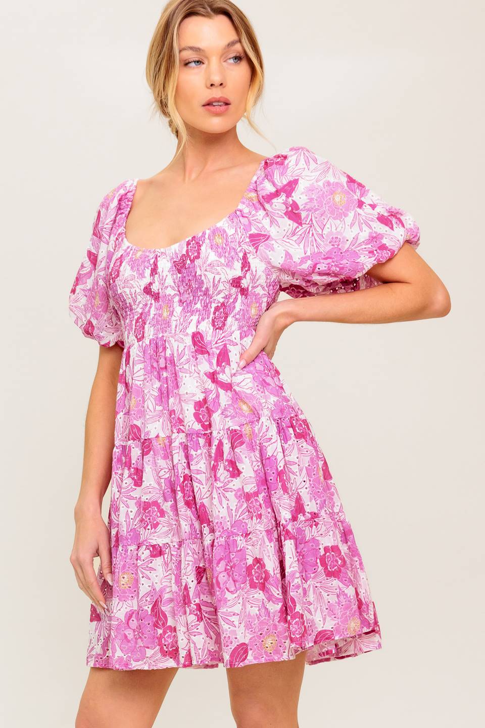 Pretty in Pink Eyelet Mini Dress - Floral Lace Summer Dress for Women, Perfect for Beach Vacations, Weddings & Date Nights