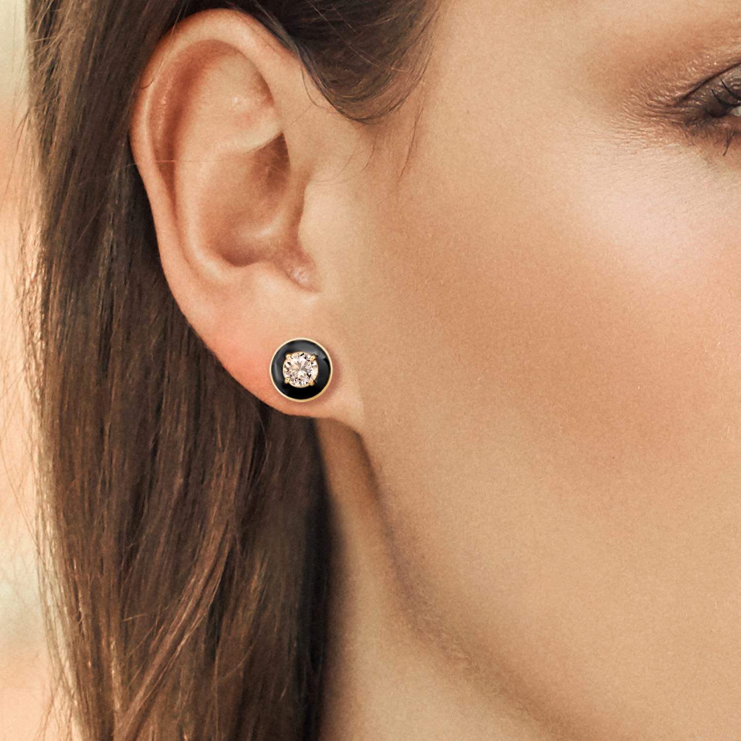 Gem Stone King 18K Gold Plated Sterling Silver 5MM Round Gemstone Birthstone Black Enamel Stud Earrings for Women & Men | Elegant Jewelry Gift for Birthday, Anniversary & Special Occasions