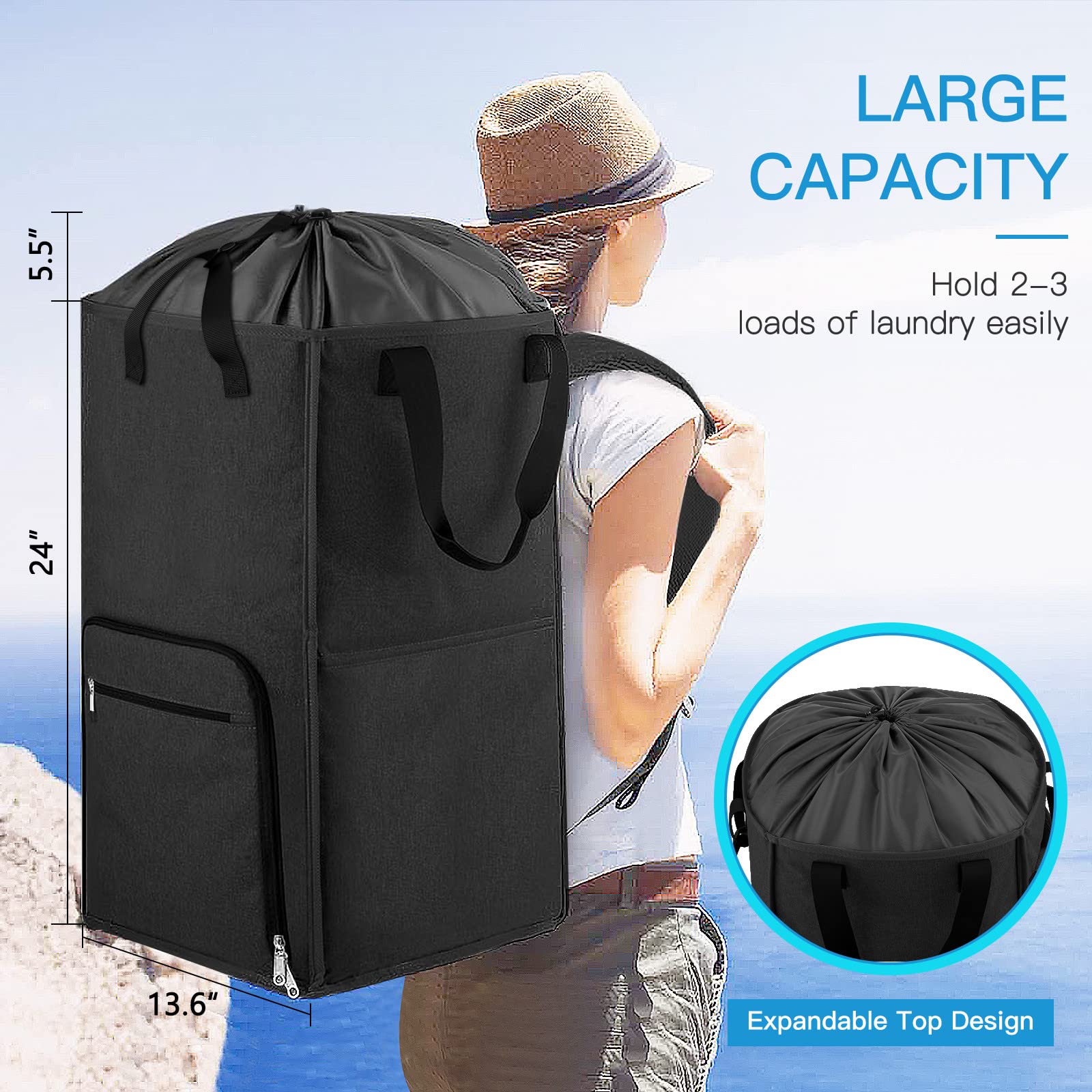 Bukere Extra Large 2-in-1 Laundry Backpack & Hamper Basket - Adjustable Shoulder Straps, Freestanding Design for Dorm, Apartment & Travel | College Student Essentials for Laundry Room, Laundromat & Camping Trips
