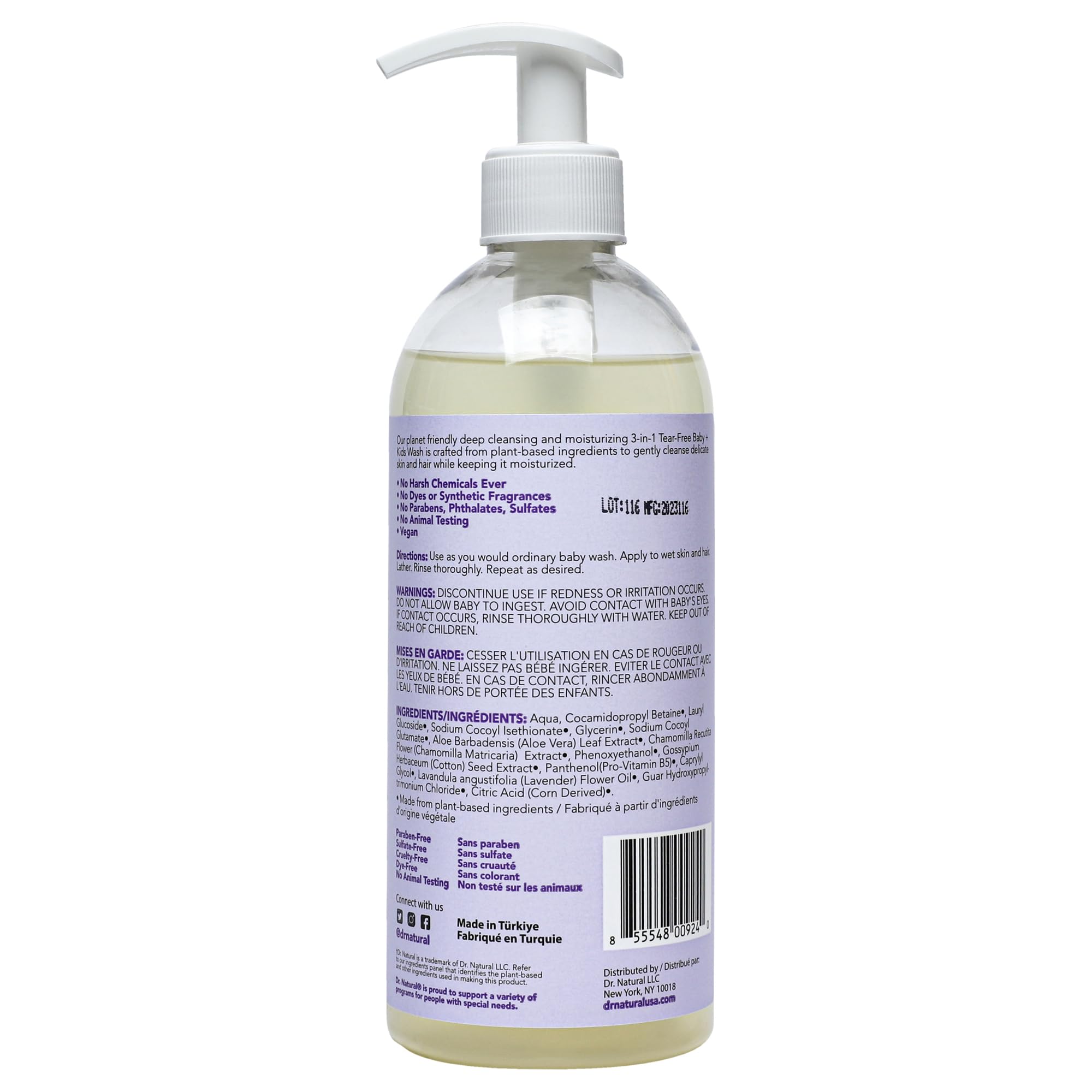 Dr. Natural 3-in-1 Tear-Free Baby & Kids Soap - Lavender Scented 16 oz | Plant-Based Shampoo & Body Wash | Sulfate-Free, Paraben-Free, Hypoallergenic for Sensitive Skin | Infused with Essential Oils | Gentle Cleansing for Newborns, Toddlers & Children | Perfect for Bath Time, Daily Hygiene & Sensitive Skin Care