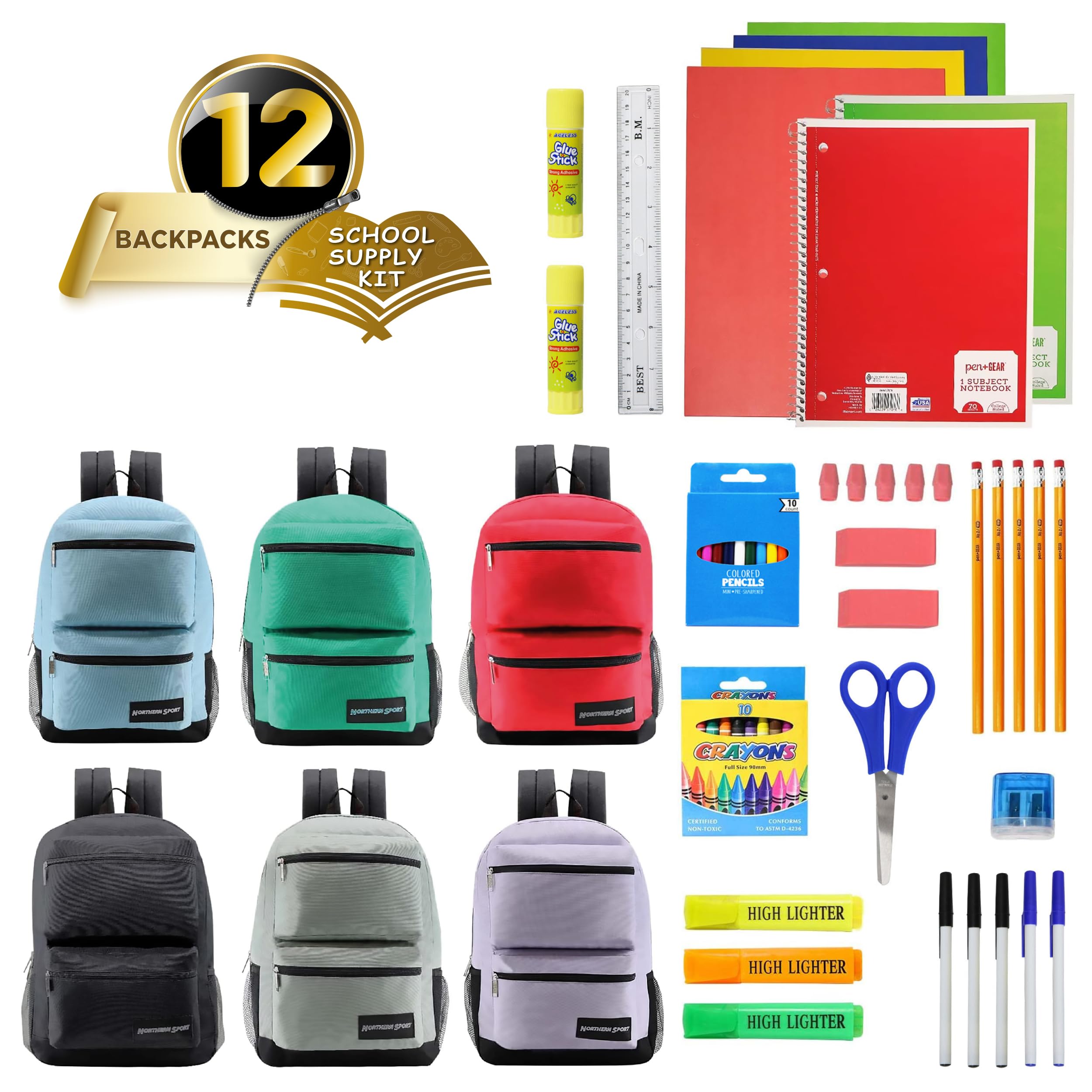 12-Pack 17-Inch School Backpacks with 52-Piece School Supplies Set (Pens, Pencils, Crayons) - Bulk Backpack Bundle for Elementary, Middle & High School Students - 6 Color Styles - Perfect for Classroom, Study & Daily School Use