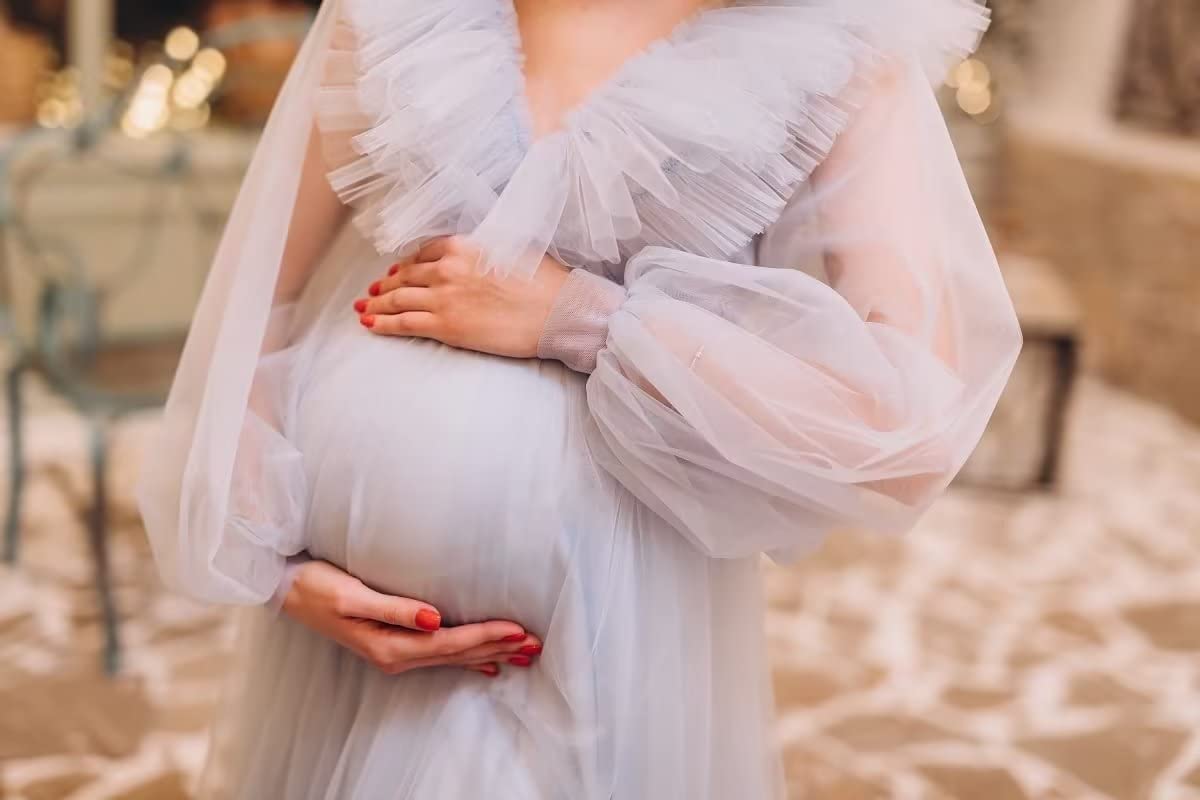 Elegant Tulle Ruffles Maternity Dress for Photoshoot - Puffy Long Sleeve V-Neck Baby Shower & Pregnancy Gown - Perfect for Maternity Photos, Bridal Showers, and Special Occasions