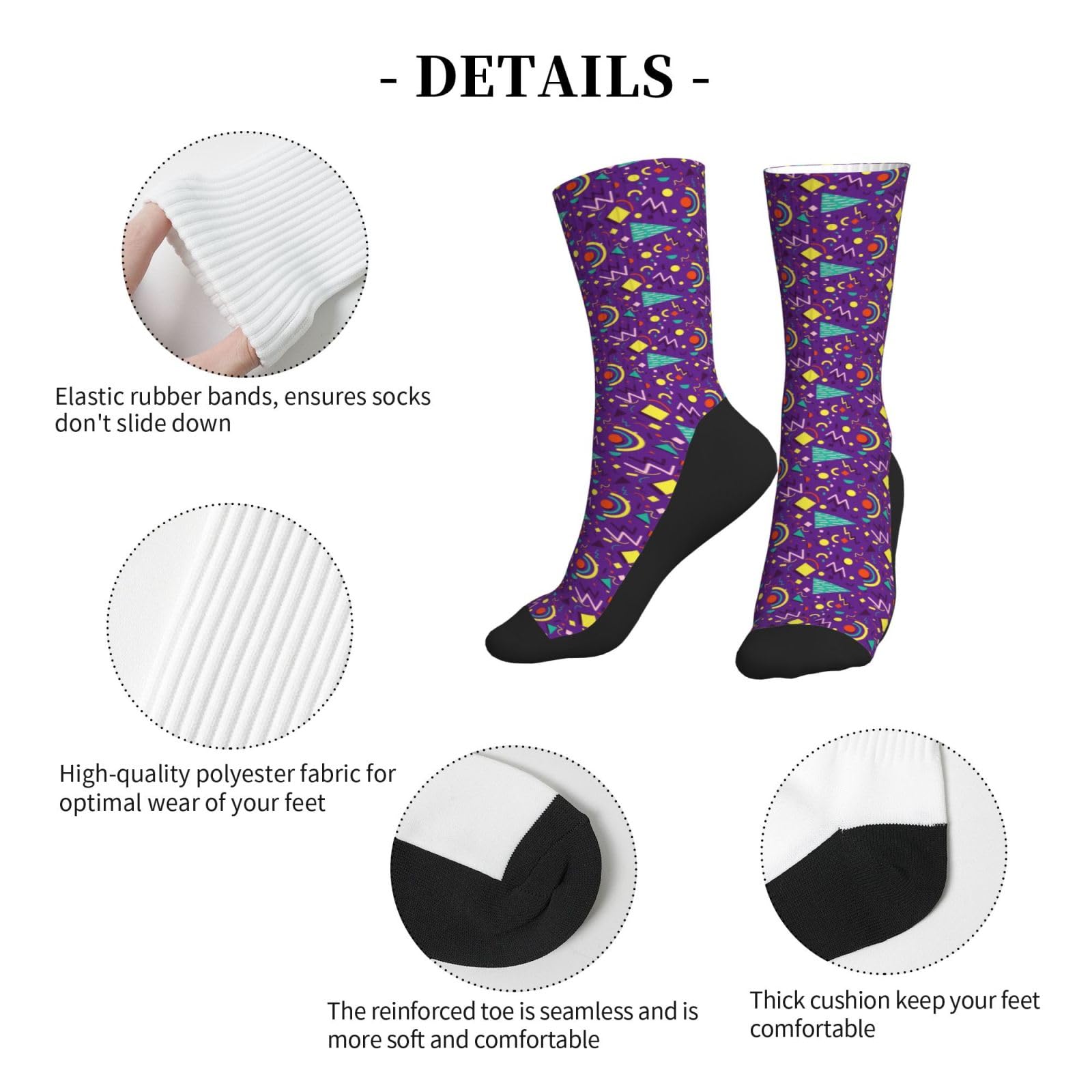 Vintage 80s Retro Style Crew Socks for Men & Women - Funny Novelty Dress Socks with Black Bottom | Perfect for Cosplay, 80s Parties & Unique Gifts