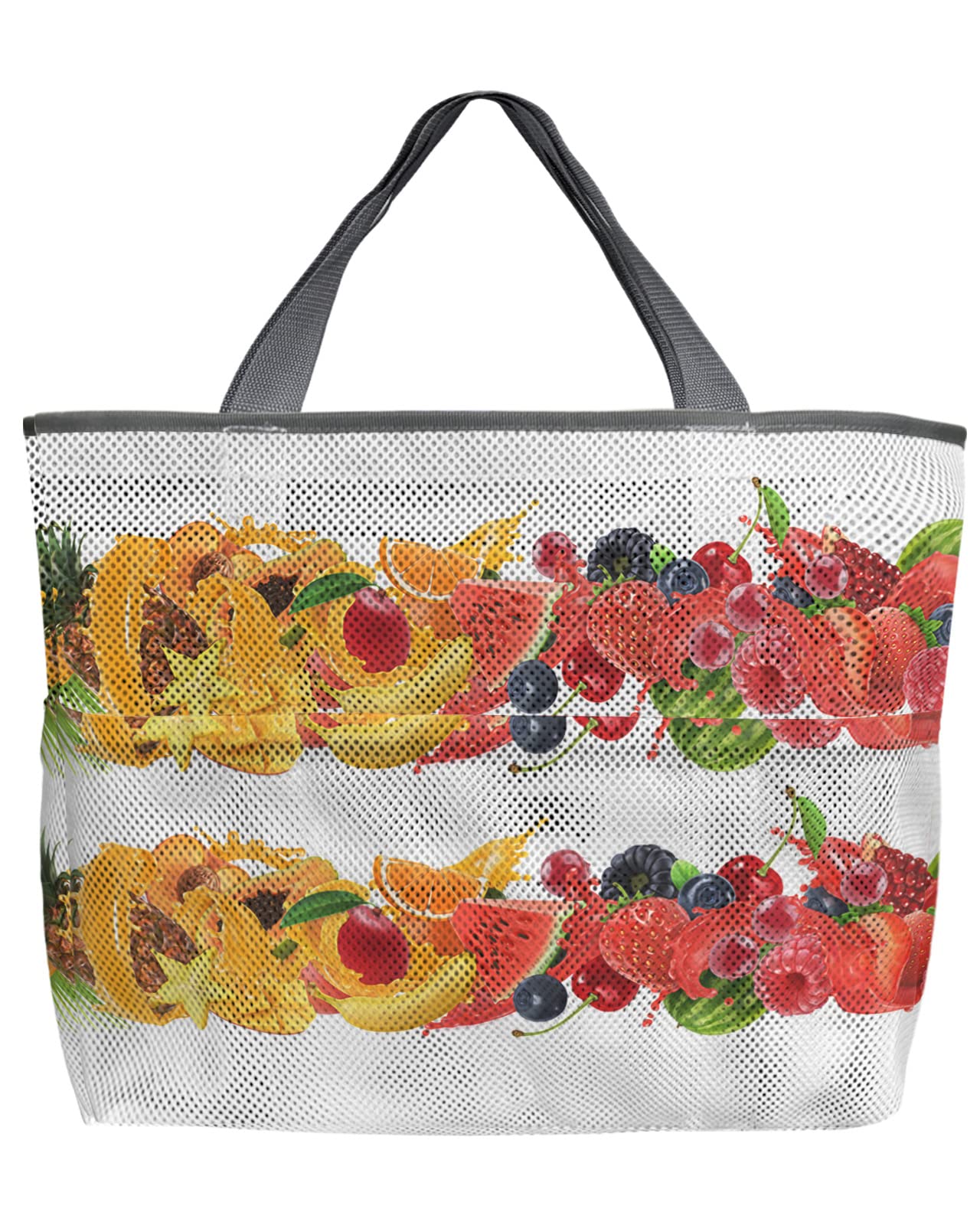 Mesh Beach Tote Bag - 60L Oversized Tropical Fruit Striped Design with Pockets | Quick Dry Foldable Swim Bag for Pool, Beach & Grocery Storage | Perfect for Summer Vacations, Water Sports & Shopping (24