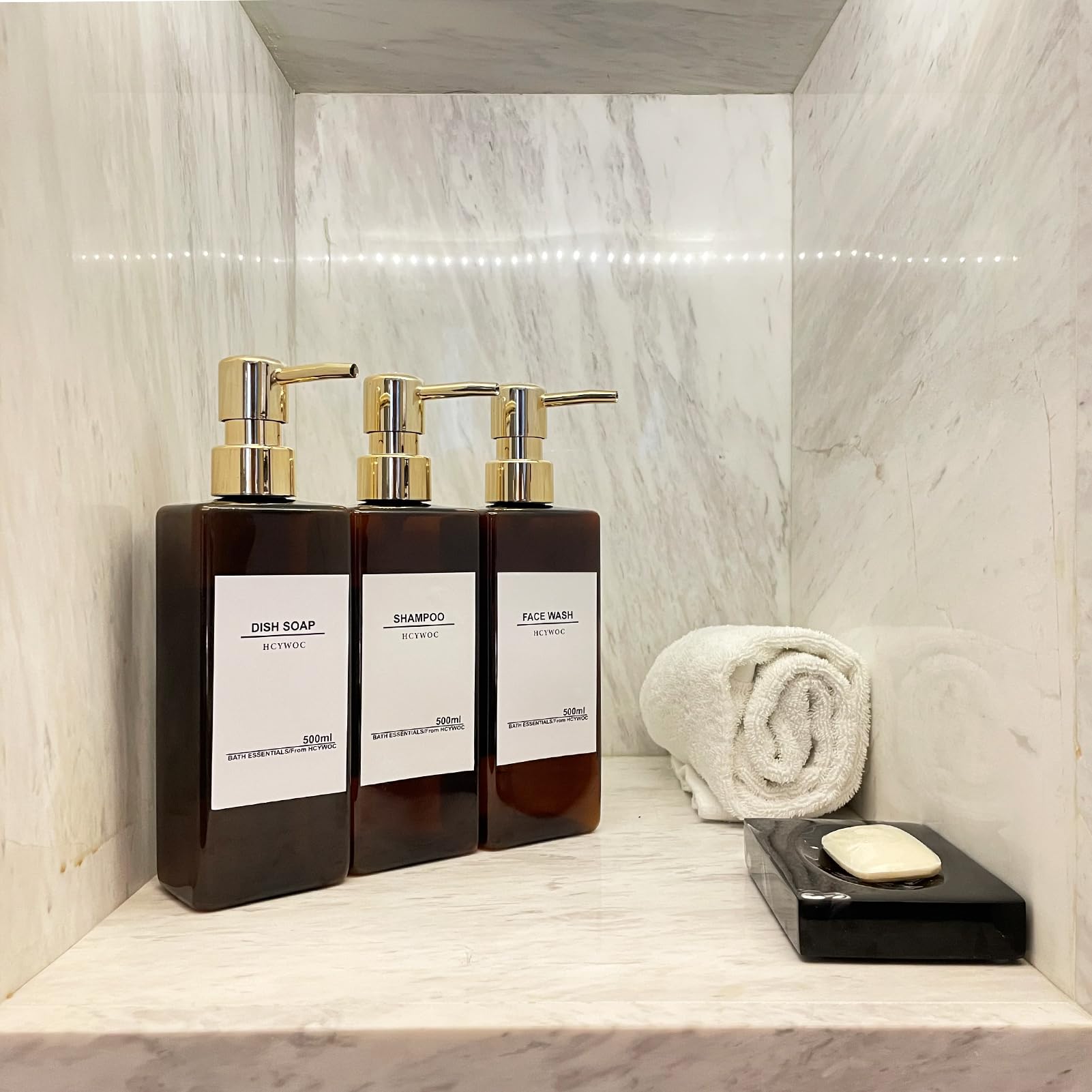 Wall Mounted Shampoo and Conditioner Dispenser for Shower - 3 Chamber No Drill Bathroom Soap Dispenser with 16 Waterproof Labels, 17oz Capacity in Gold Amber - Perfect for Spa-Like Showers, Guest Bathrooms & Organized Family Bathrooms