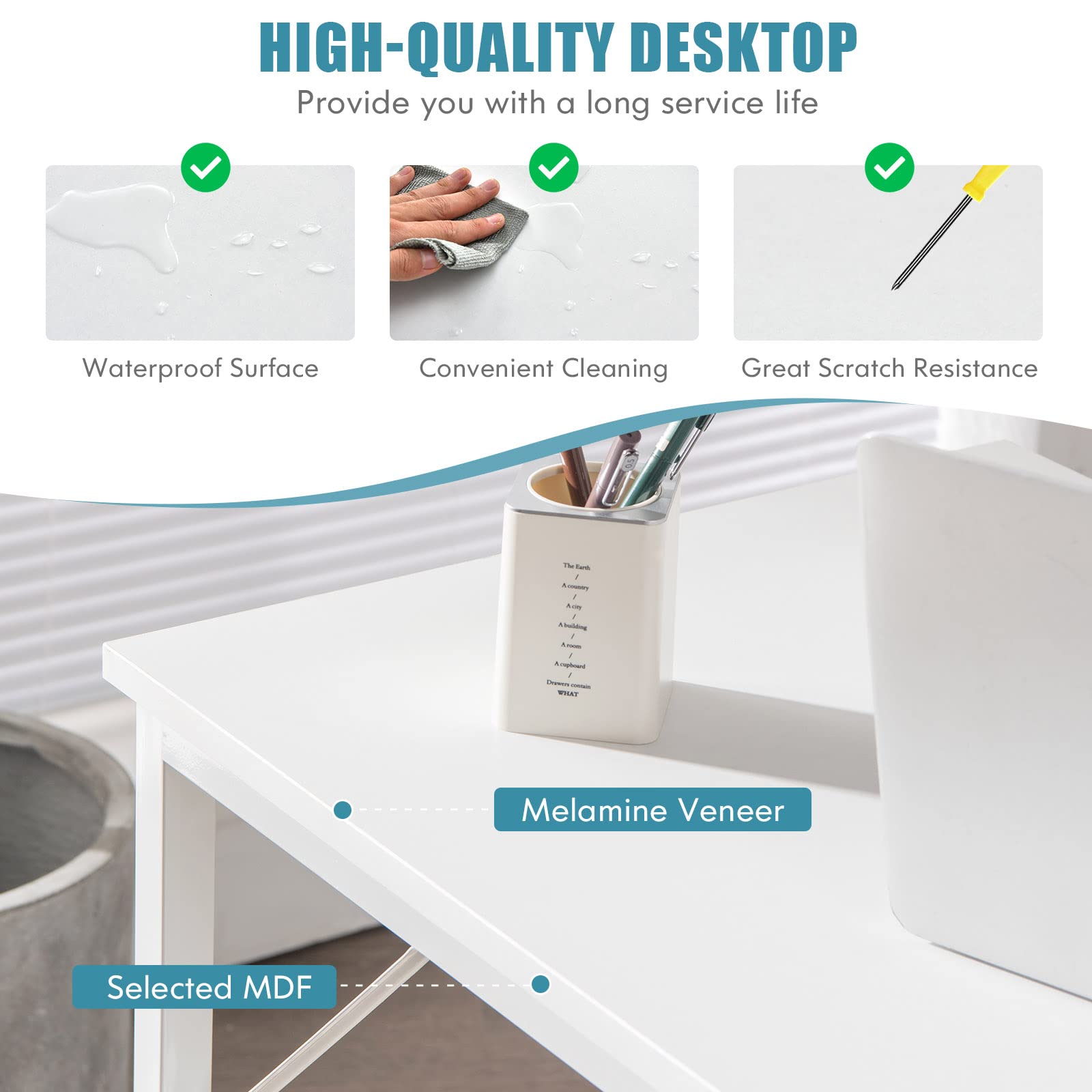 Modern White Hysache Computer Desk - Home Office Workstation with Metal Frame & Cross Bar Support | Simple Writing Desk for Laptop, Study & Workspace | Durable Multipurpose Table for Small Spaces & Remote Work