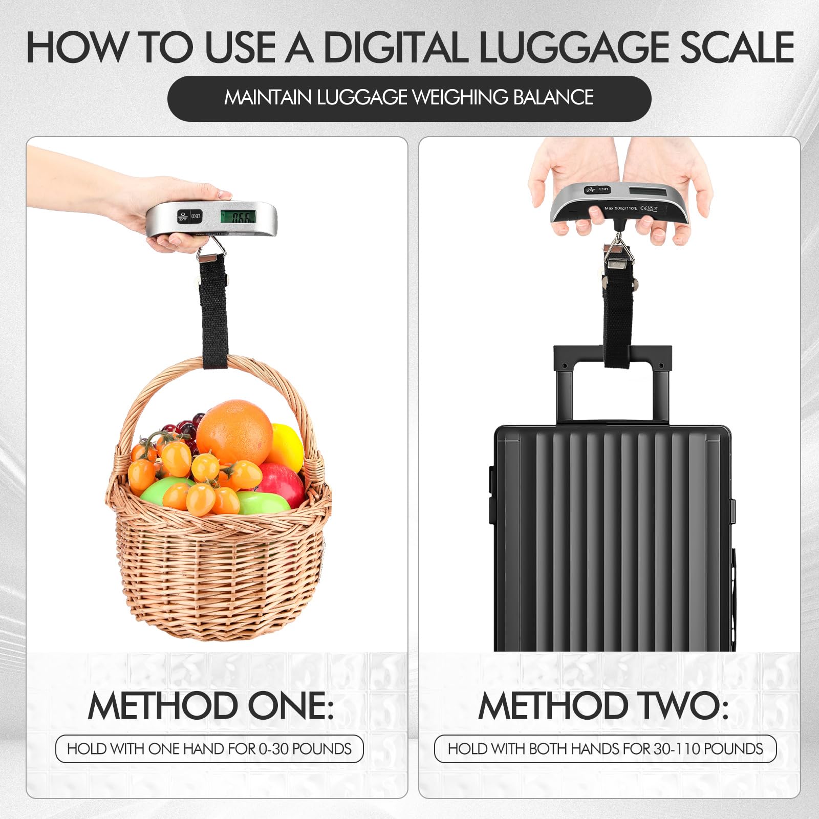 Nuenen 6-Piece Portable Digital Luggage Scale Set - 110LB/50KG Capacity Handheld Suitcase Weight Scale with Battery - Perfect for Air Travel, Cruise Vacations & Shipping Packages