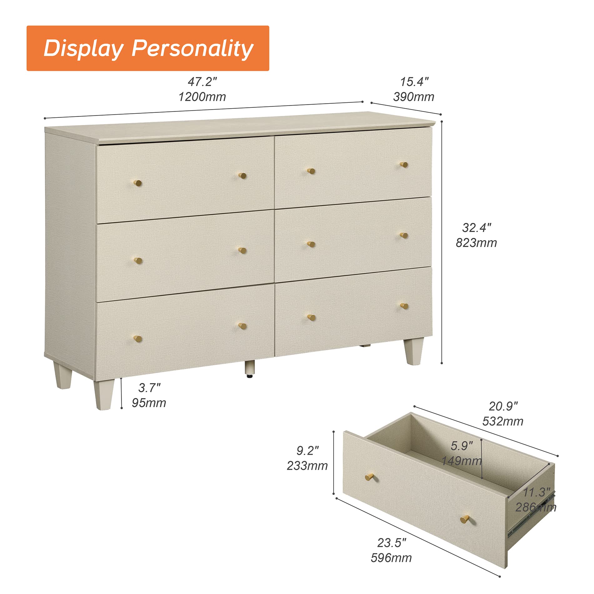 WAMPAT 6-Drawer Dresser for Bedroom - Solid Wood Kids Dresser with Wide Storage Chest, Beige Modern Closet Organizer Furniture for Living Room, Hallway & Nursery - Perfect for Home Organization and Child's Room Storage