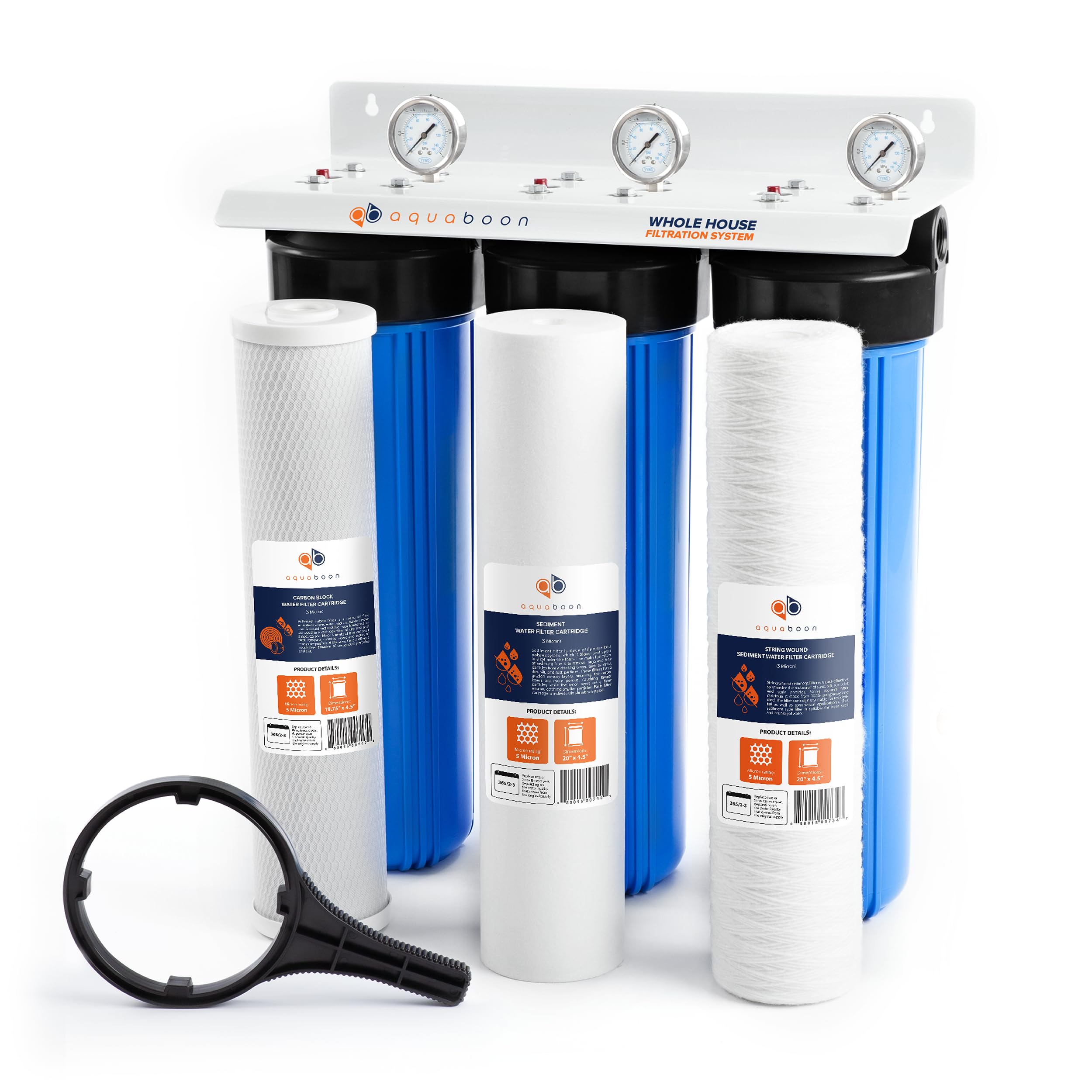 Aquaboon 3-Stage Whole House Water Filtration System - Removes Chlorine, Sediment & Impurities - Includes 20