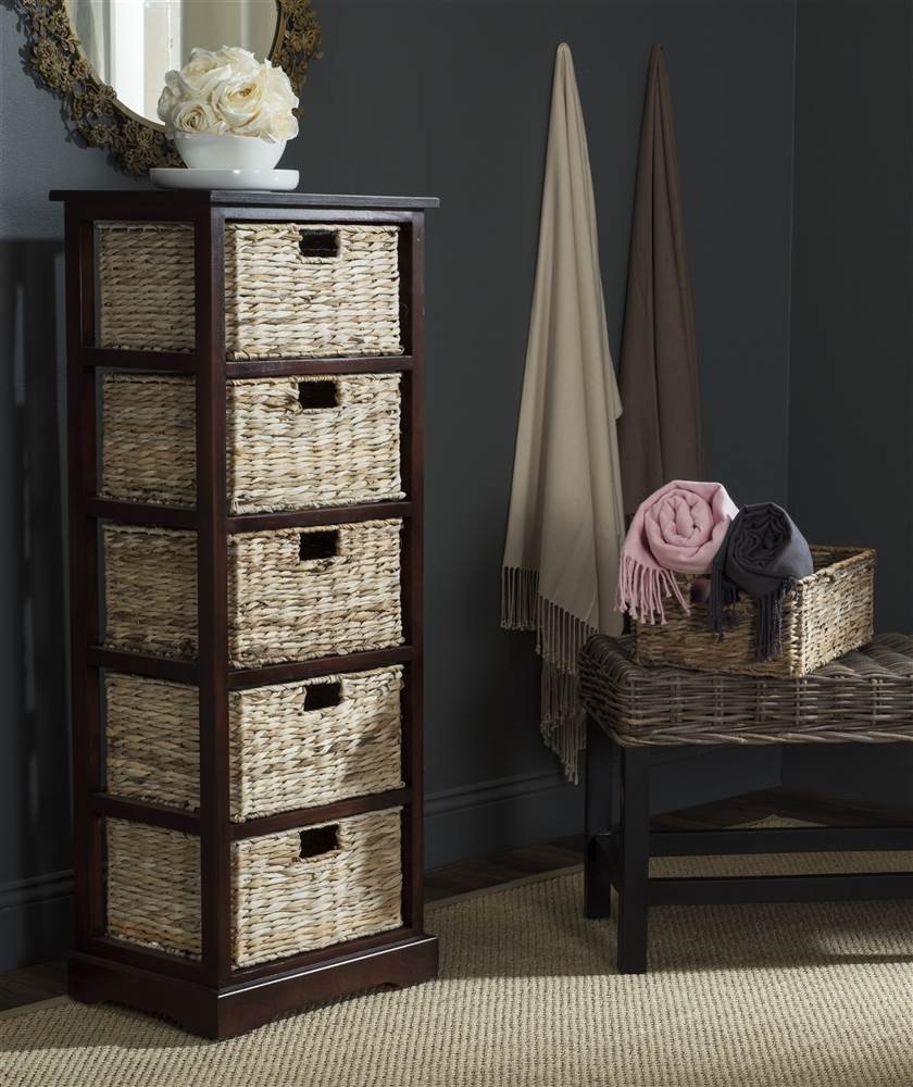 SAFAVIEH Vedette Cherry 5-Drawer Wicker Basket Storage Tower - Fully Assembled Rattan Organizer for Bedroom, Bathroom & Closet Organization