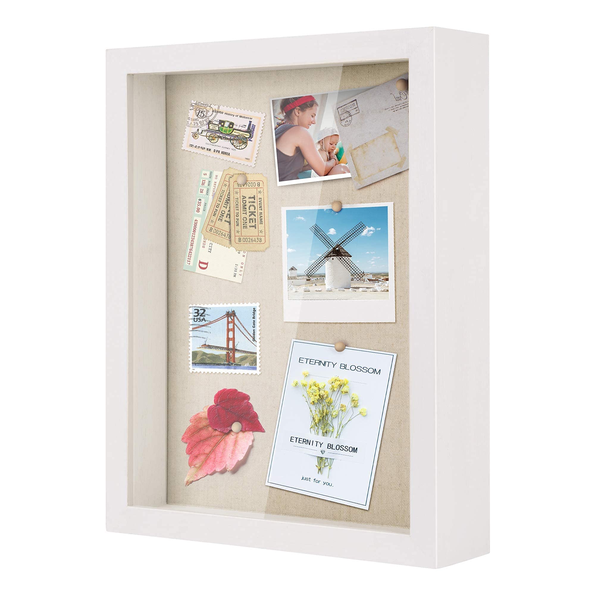 Love-KANKEI 11x14 Shadow Box Frame with Removable Glass Window & Soft Linen Back - Display Case for Memorabilia, Photos, Awards, Medals (White) - Perfect for Home Decor, Wedding Keepsakes, and Sports Trophy Display