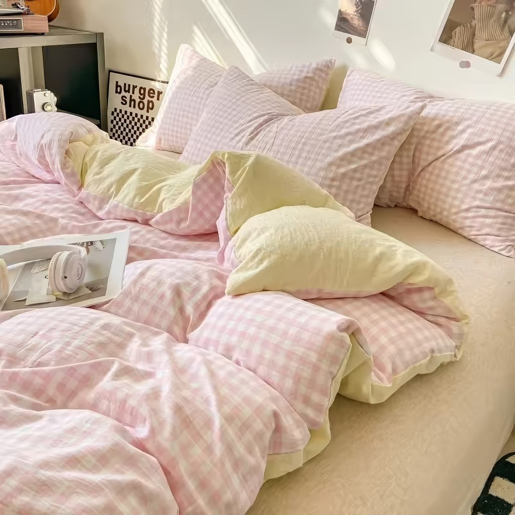 Pastel Gingham Duvet Cover Set - Soft Cotton Queen Size Bedding with Button Closure - Perfect for Spring, Summer & Guest Room Decor