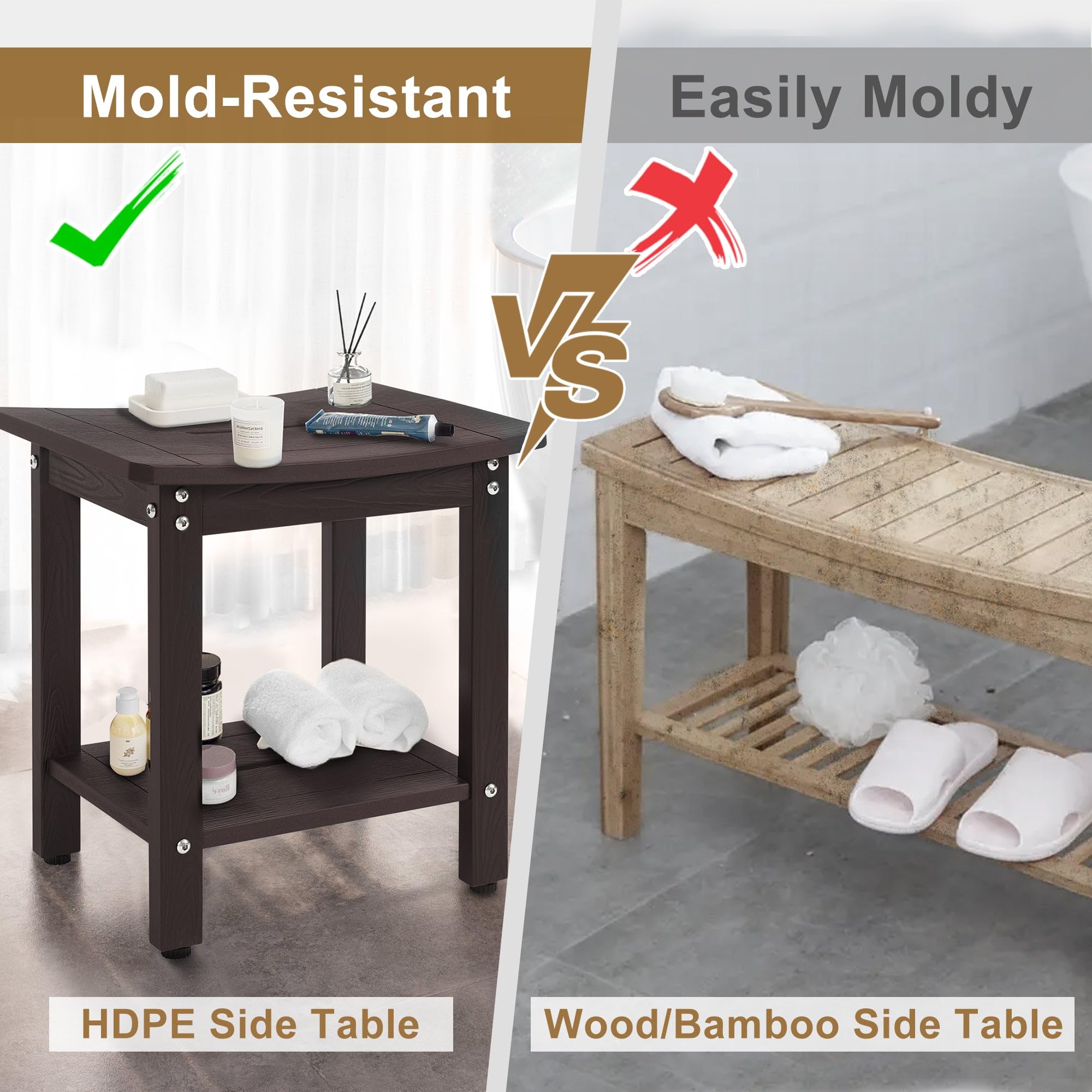 Y&M Shower Bench for Elderly & Disabled - Waterproof HDPE Shower Seat with Storage Shelf - Indoor & Outdoor Bathroom Shower Chair for Sitting & Resting - Espresso - Perfect for Seniors, Post-Surgery Recovery & Spa Relaxation