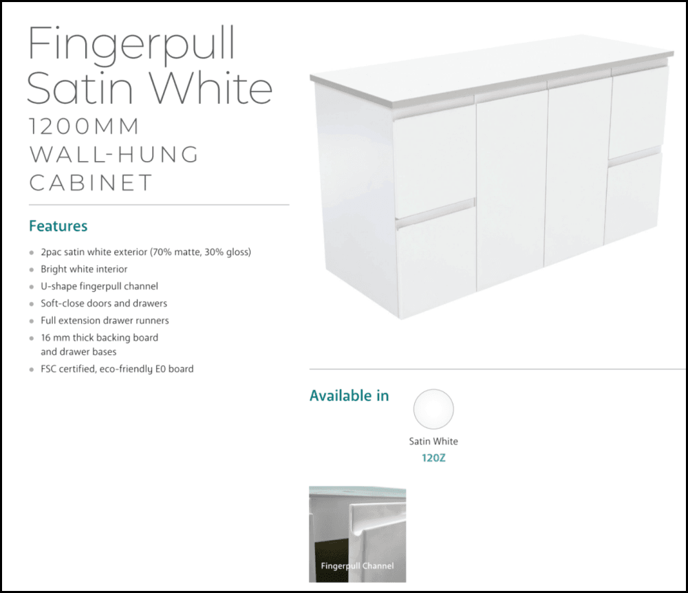 Fienza Dolce 1200mm Wall Mounted Bathroom Vanity with Finger Pull - Satin White Finish | Modern Space-Saving Design for Small Bathrooms & Powder Rooms